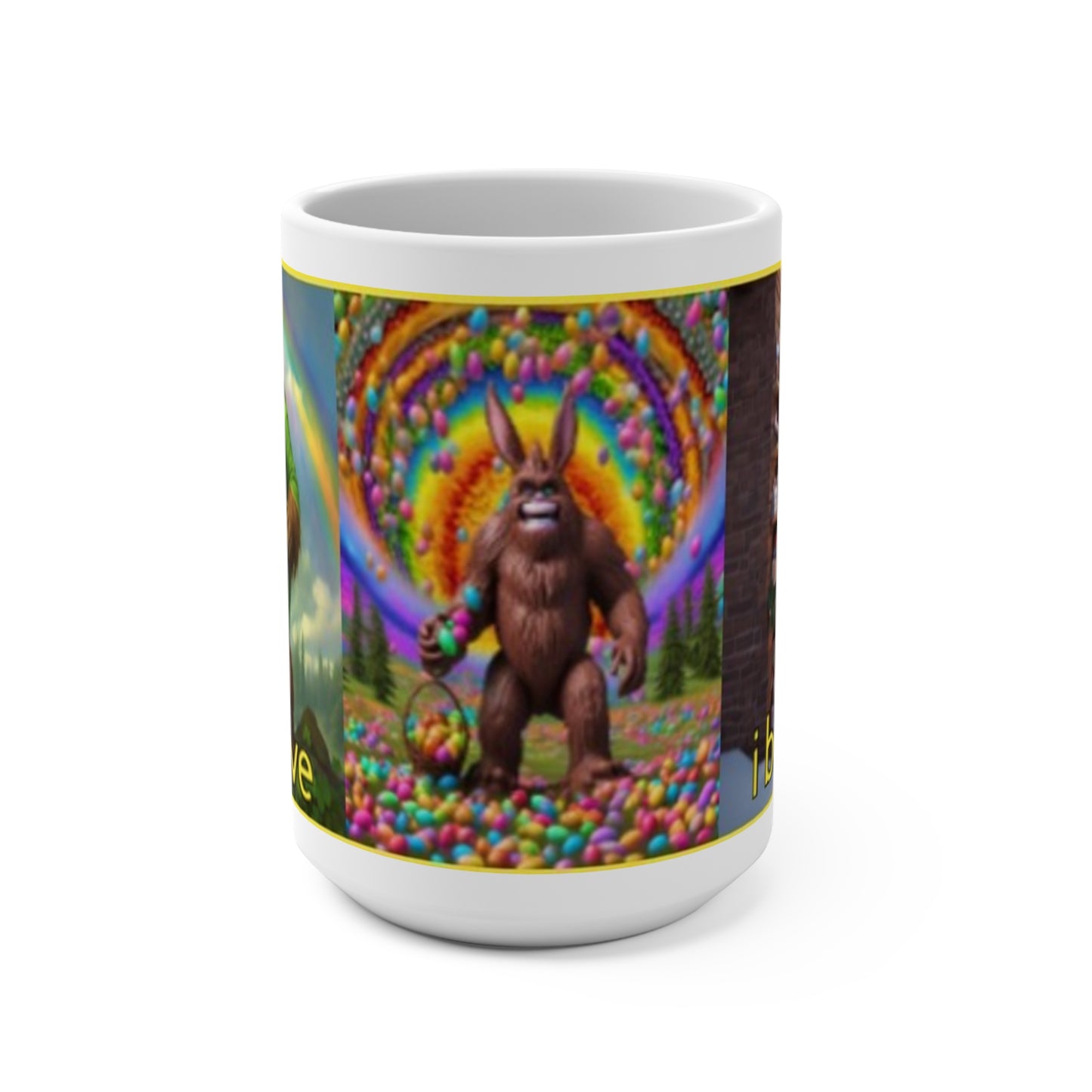 Sasquatch "i believe" Santa Clause Easter Bunny & Leprechaun 15 oz. Coffee Mug