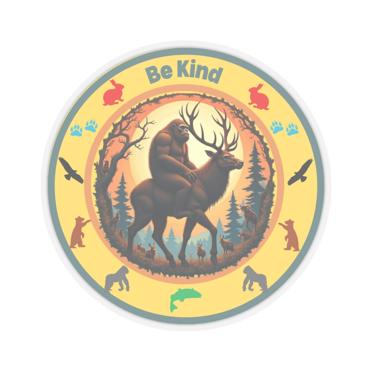 "BE KIND" Sasquatch riding a Deer Sticker