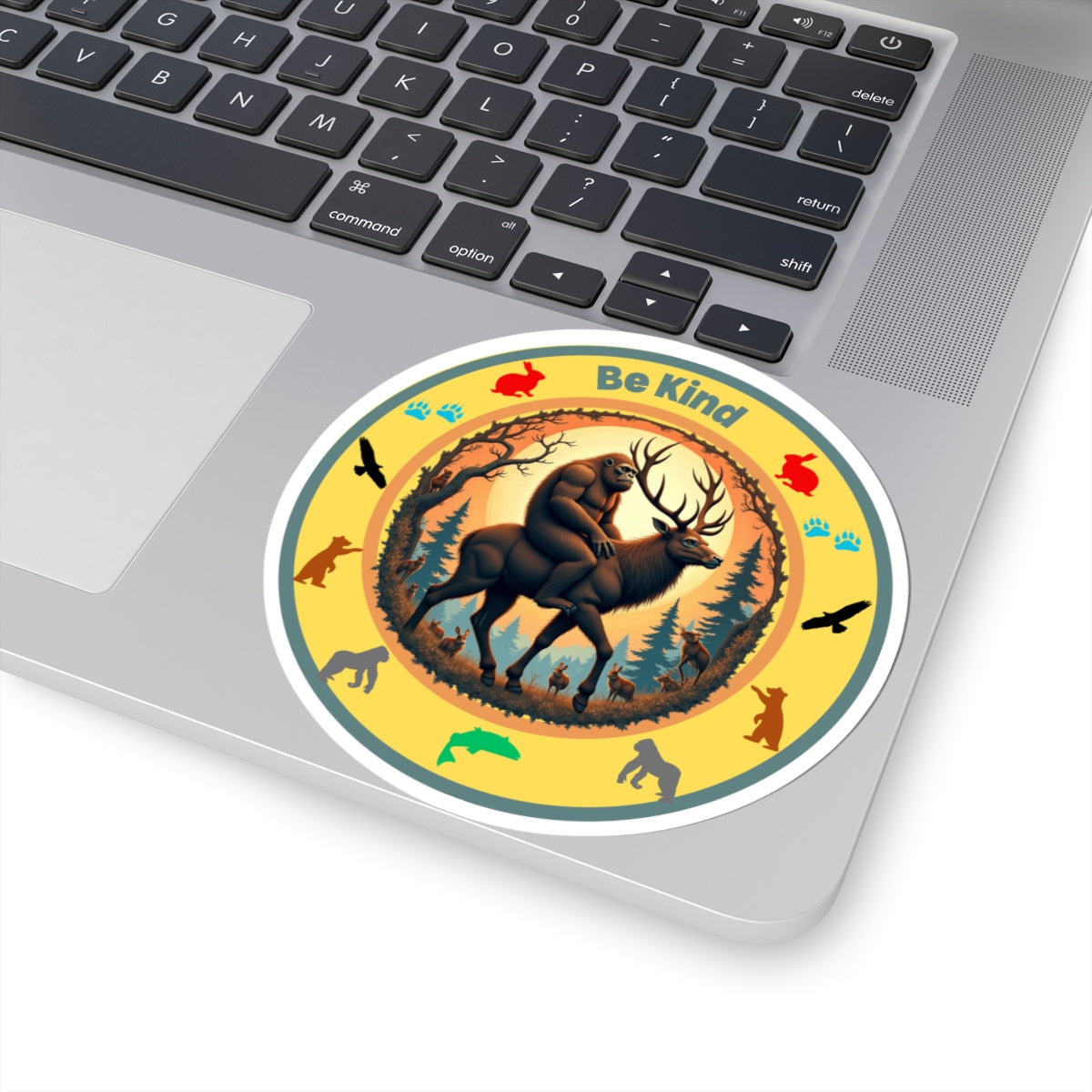 "BE KIND" Sasquatch riding a Deer Sticker