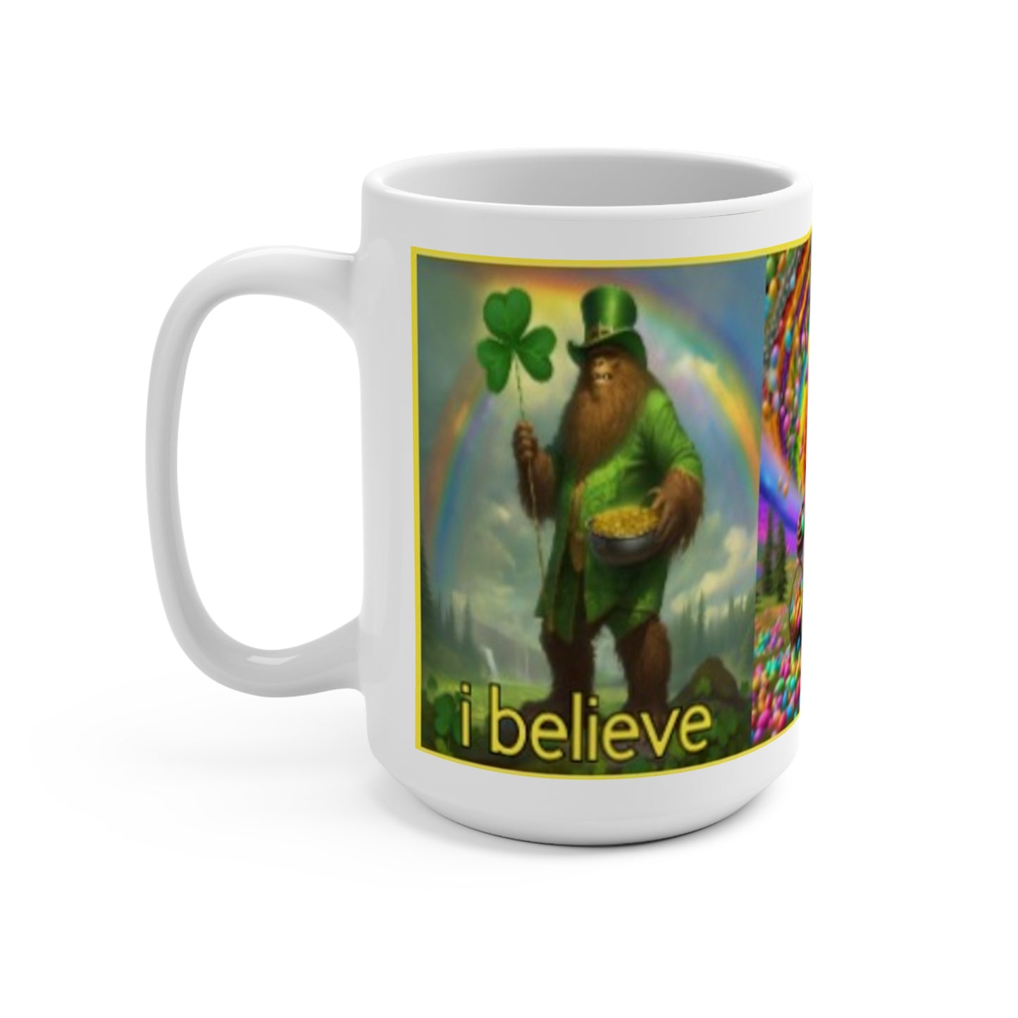 Sasquatch "i believe" Santa Clause Easter Bunny & Leprechaun 15 oz. Coffee Mug