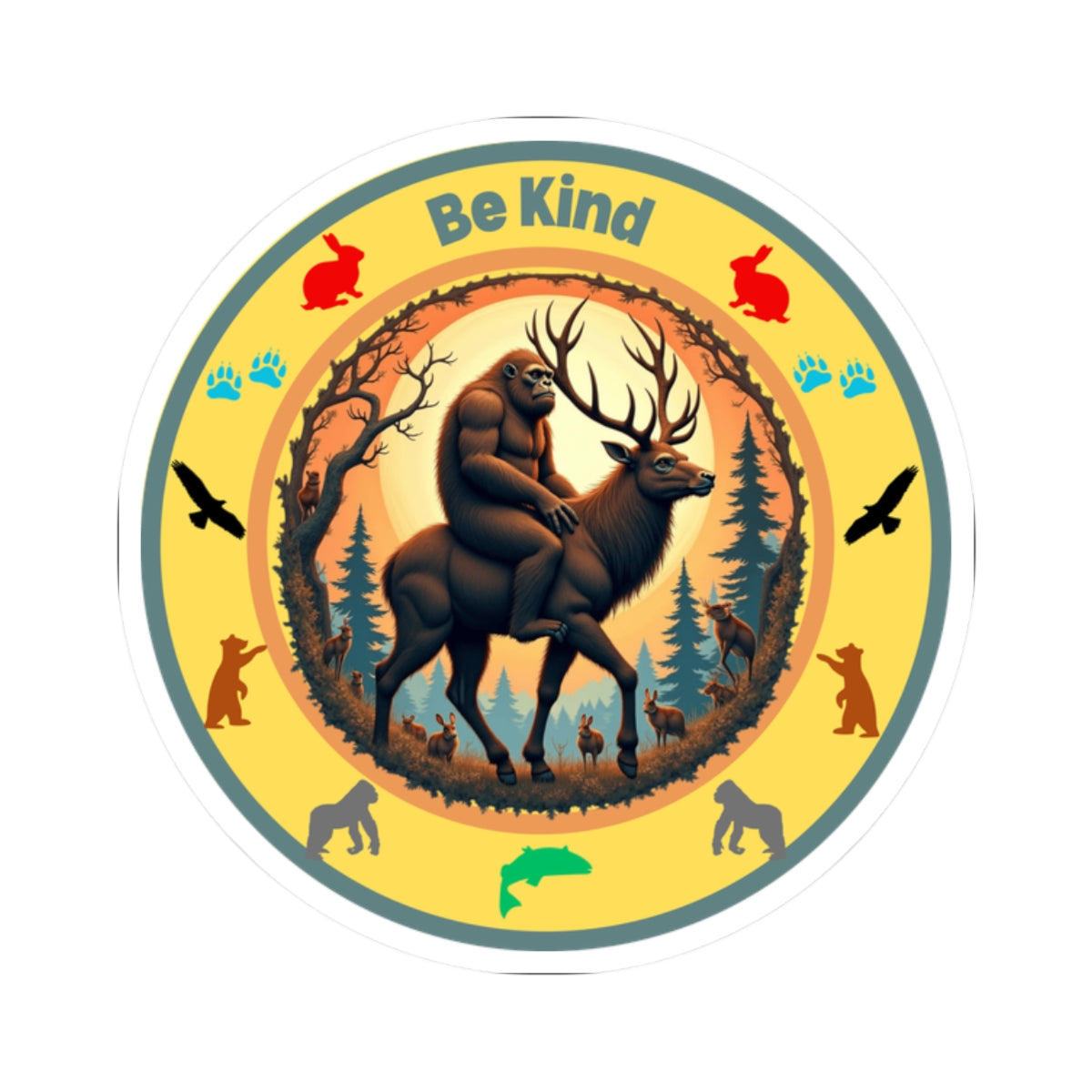 "BE KIND" Sasquatch riding a Deer Sticker