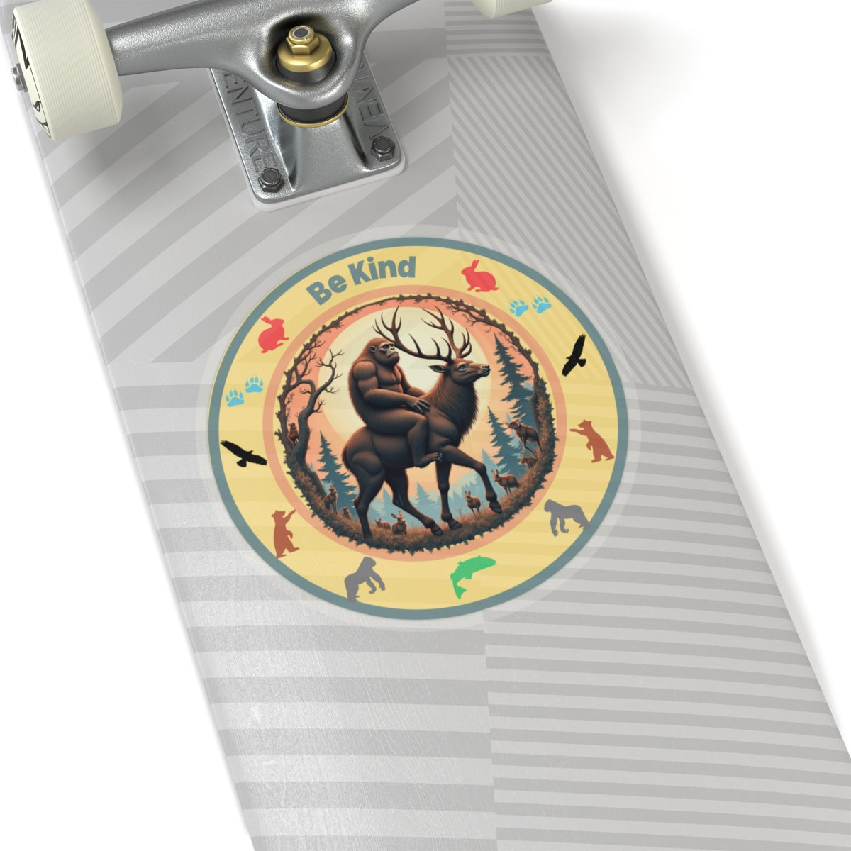 "BE KIND" Sasquatch riding a Deer Sticker