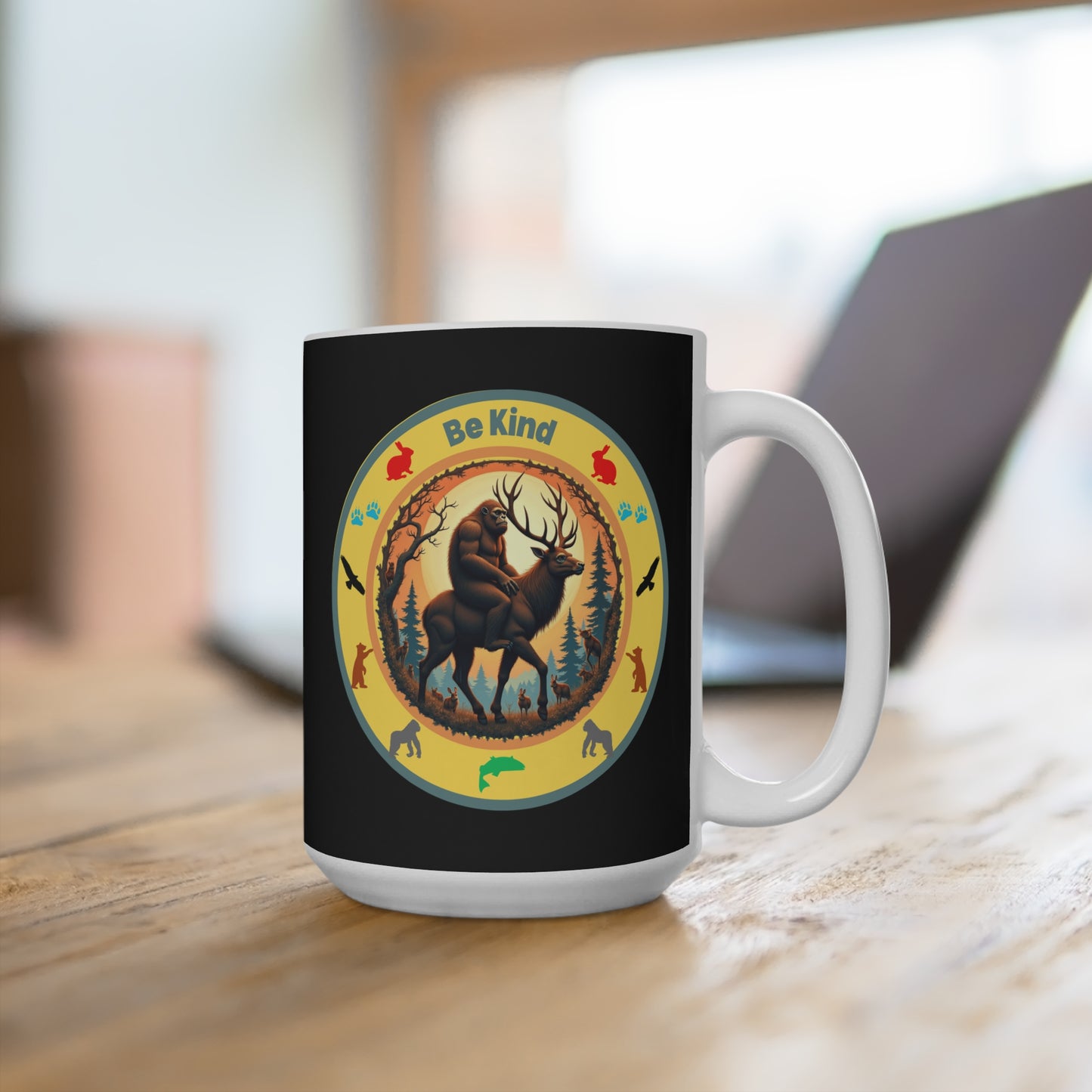 "BE KIND" Sasquatch riding a Deer Coffee Mug 15oz