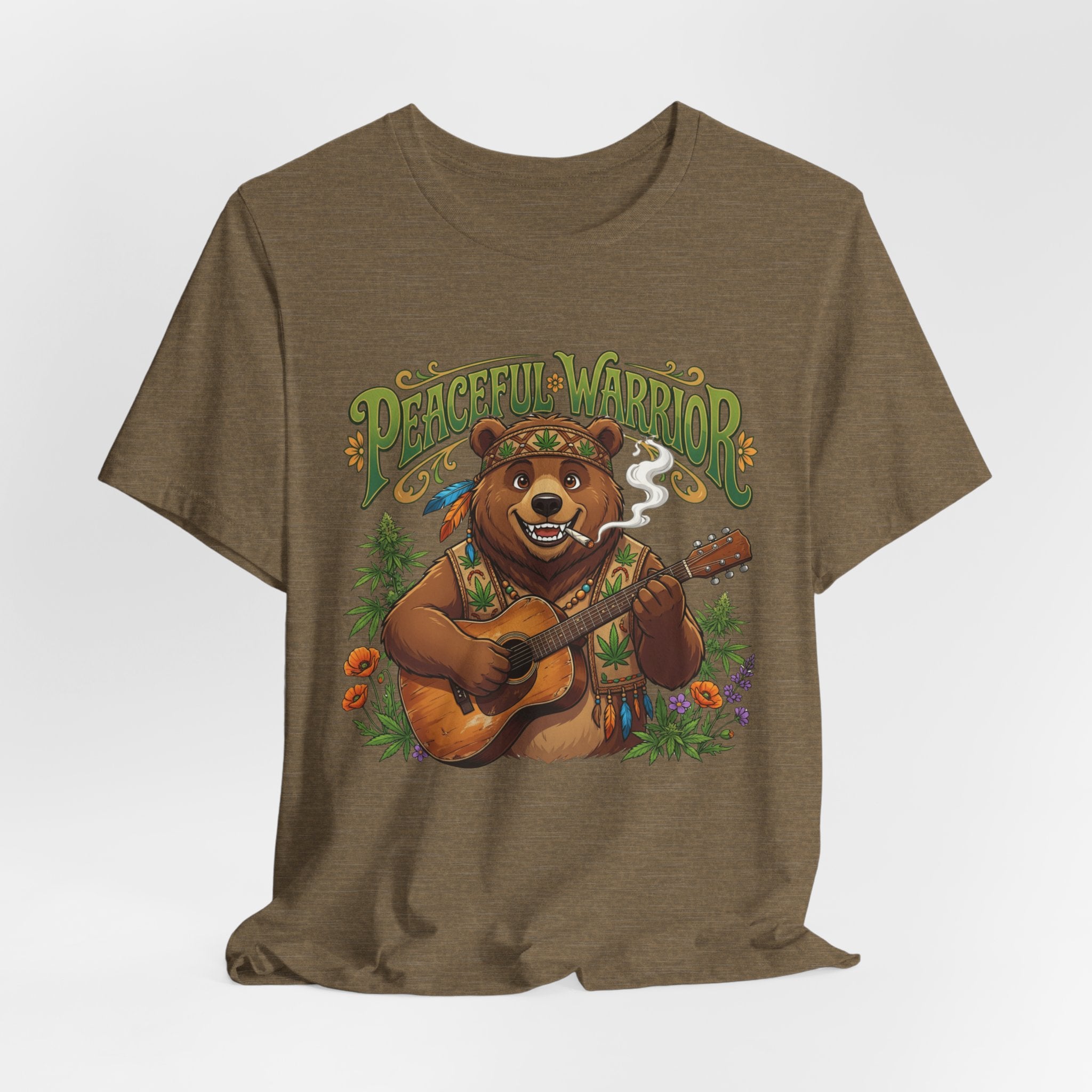 Peaceful Warrior Bear Guitar Tee — Retro Hippie Music Graphic T-Shirt