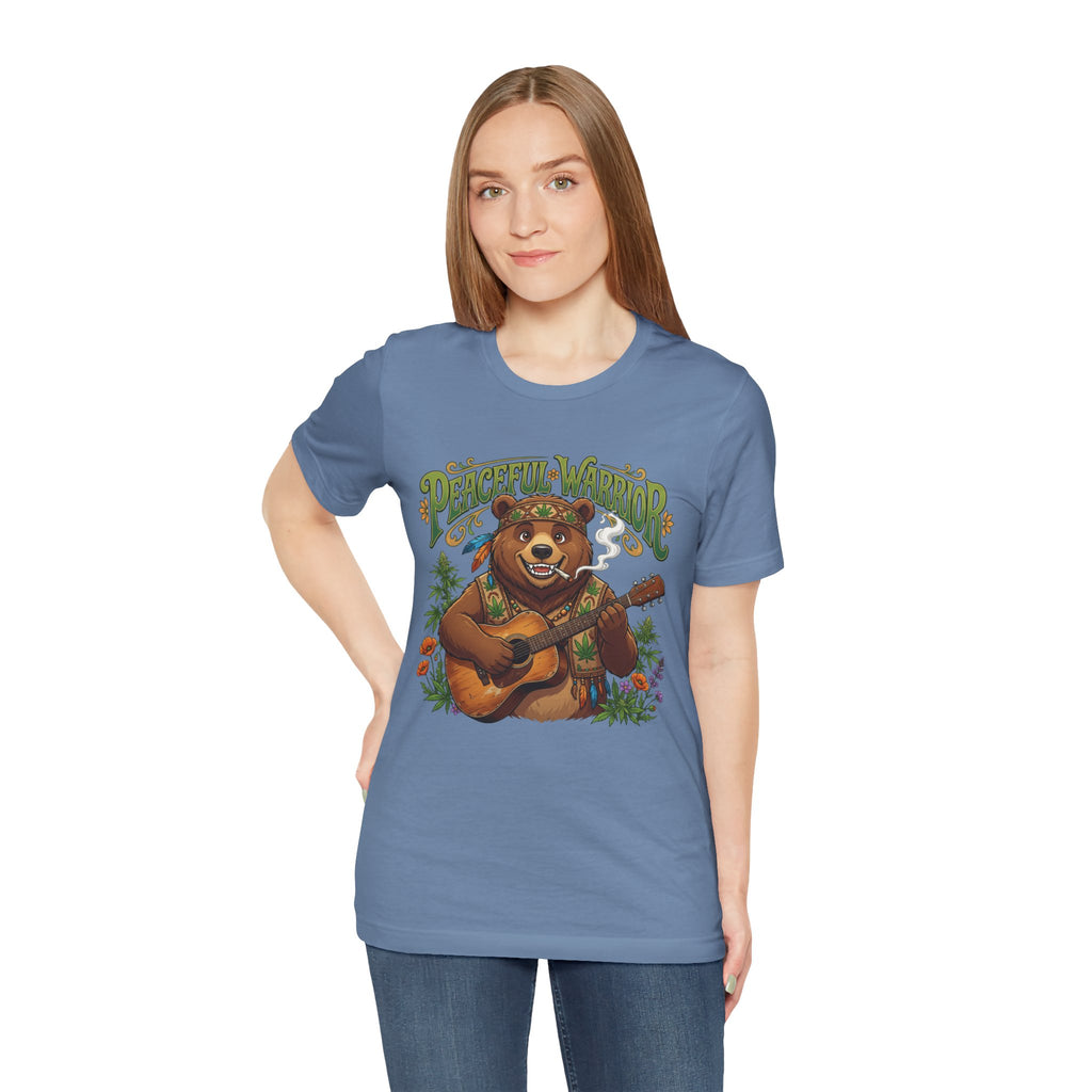 Peaceful Warrior Bear Guitar Tee — Retro Hippie Music Graphic T-Shirt