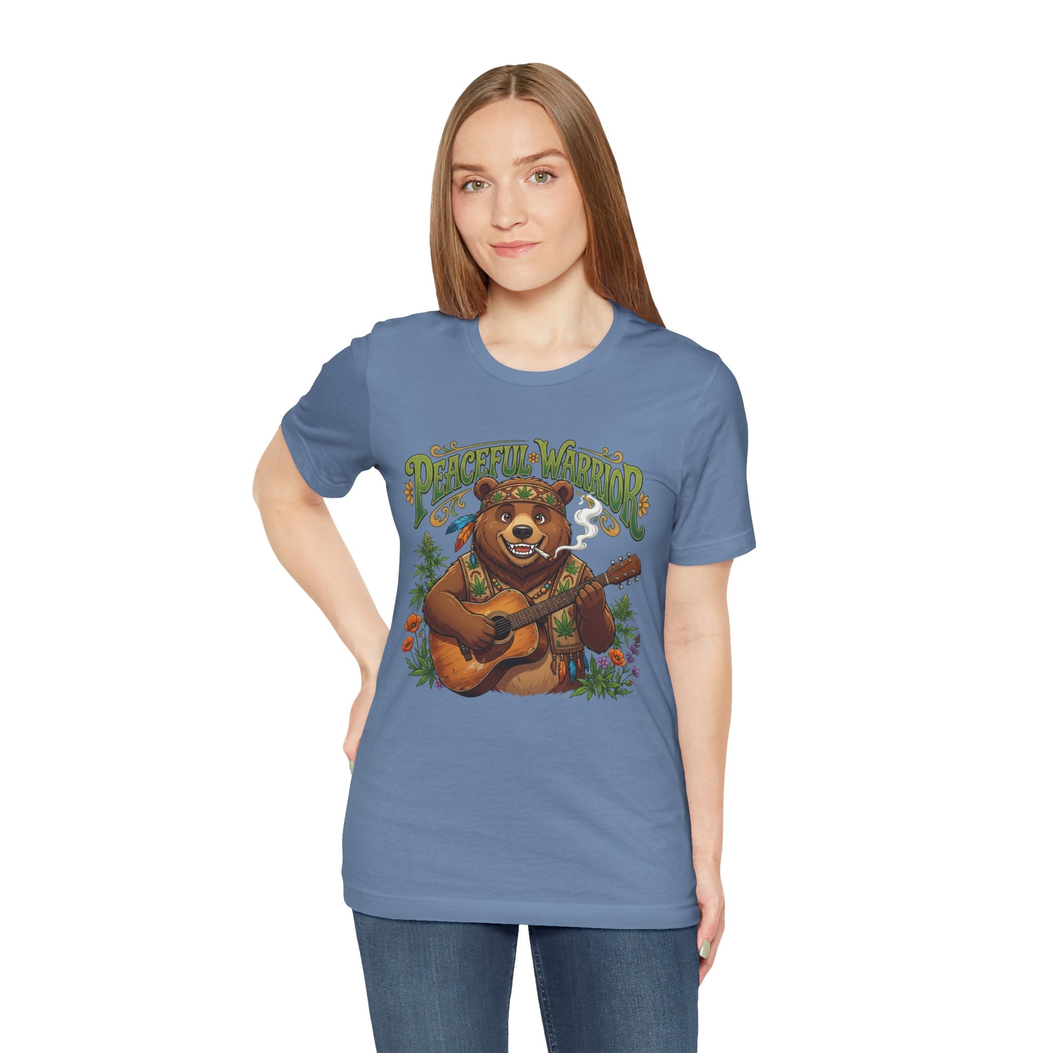 Peaceful Warrior Bear Guitar Tee — Retro Hippie Music Graphic T-Shirt