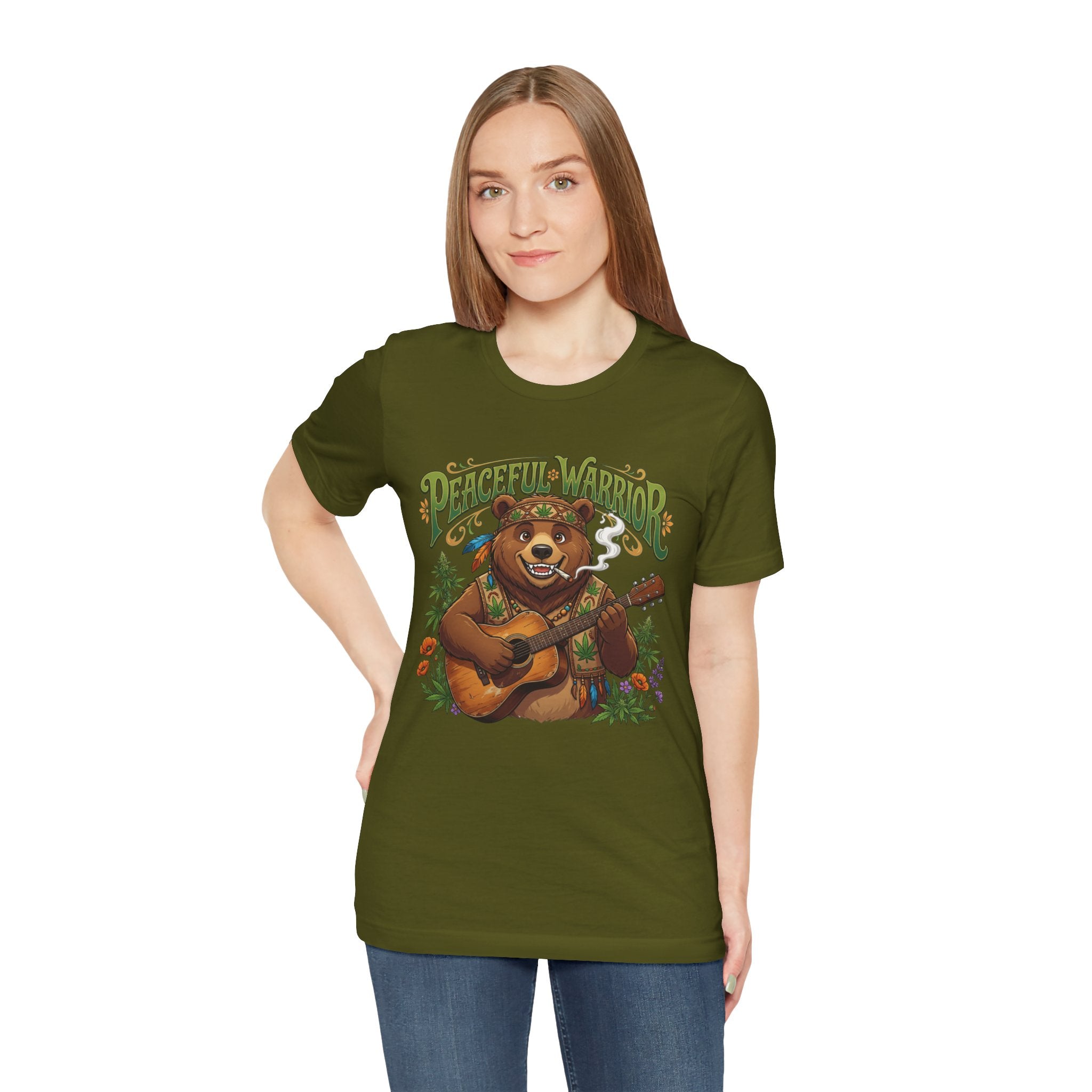 Peaceful Warrior Bear Guitar Tee — Retro Hippie Music Graphic T-Shirt