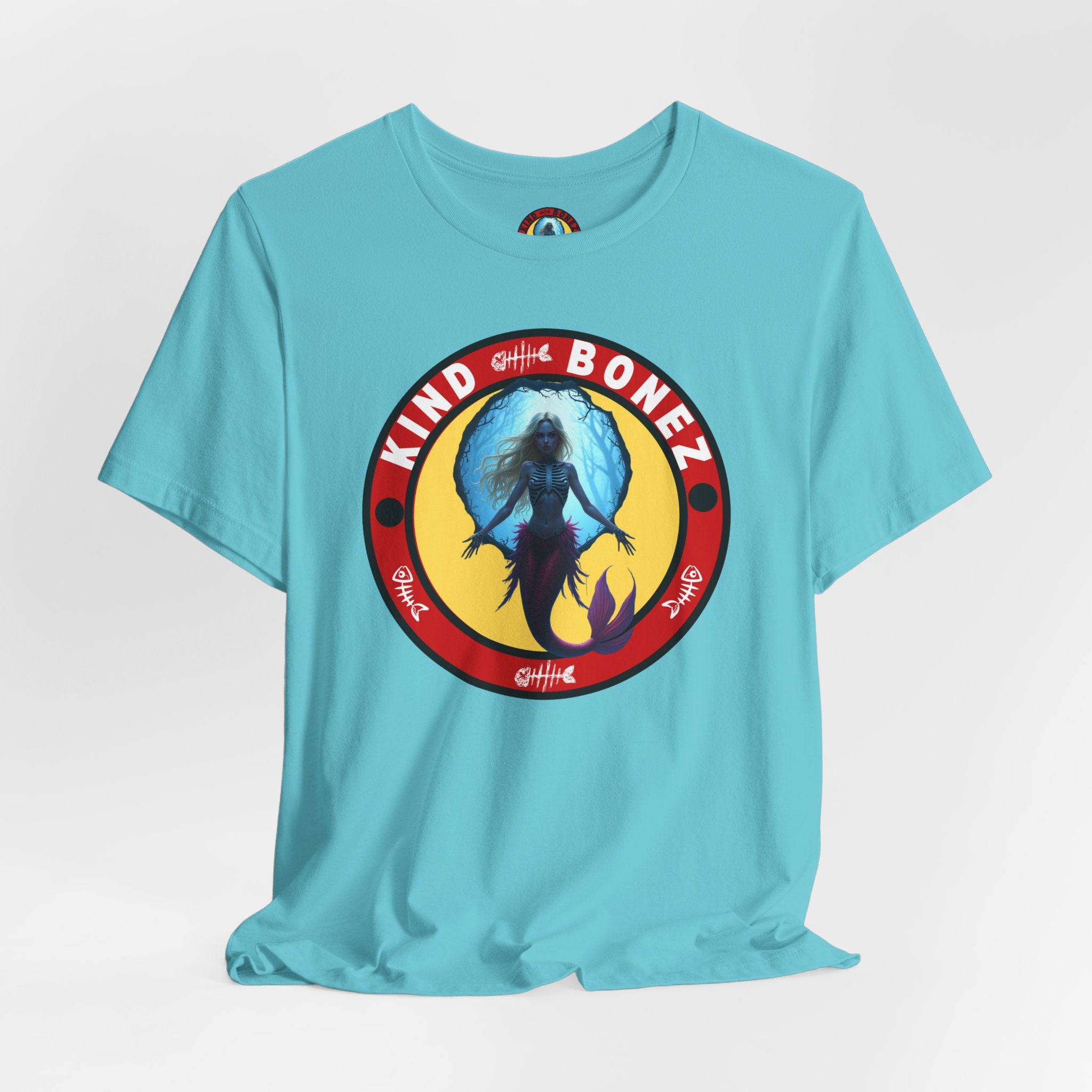 Skeletal Mermaid Kind Bonez Graphic Tee, Colorful Short Sleeve T-Shirt, Fun Beachwear, Unisex Summer Shirt, Perfect Gift for Ocean Lovers