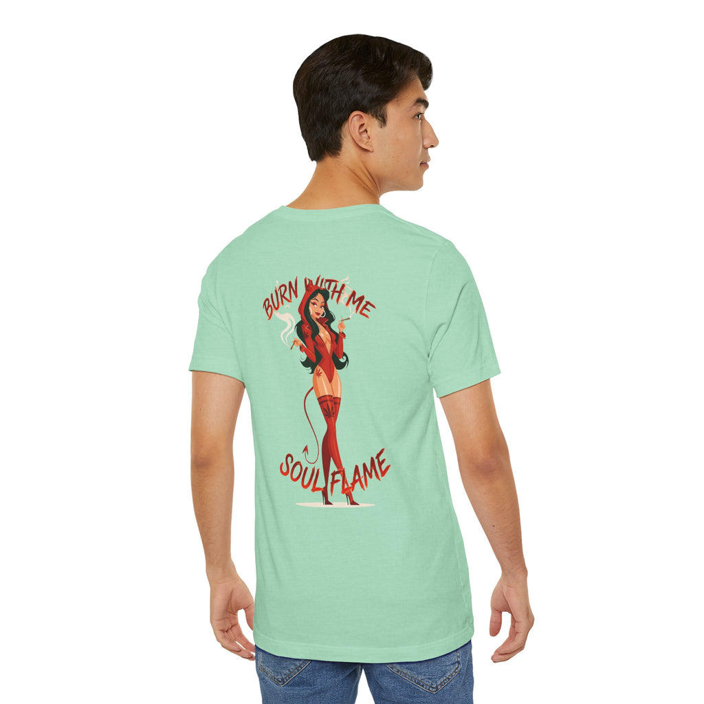 Burn With Me Soul Flame Tee — Retro Pinup Devil Girl Graphic T-Shirt