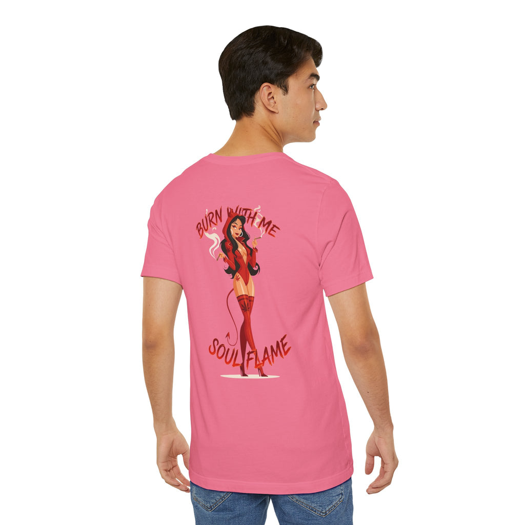Burn With Me Soul Flame Tee — Retro Pinup Devil Girl Graphic T-Shirt
