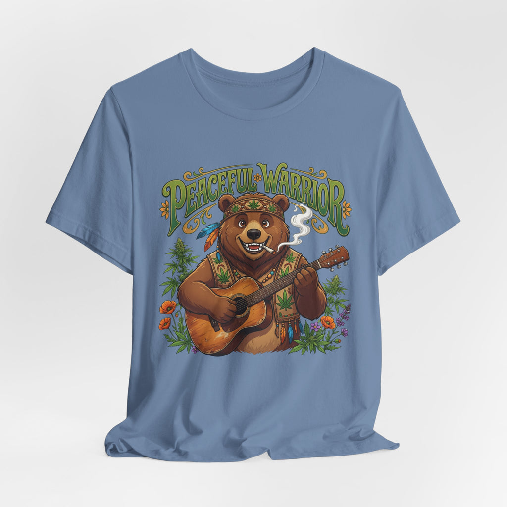 Peaceful Warrior Bear Guitar Tee — Retro Hippie Music Graphic T-Shirt