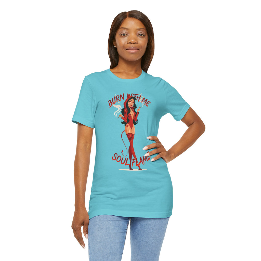 Devil Pinup Tee – "Burn With Me Soul Flame" Graphic T-Shirt