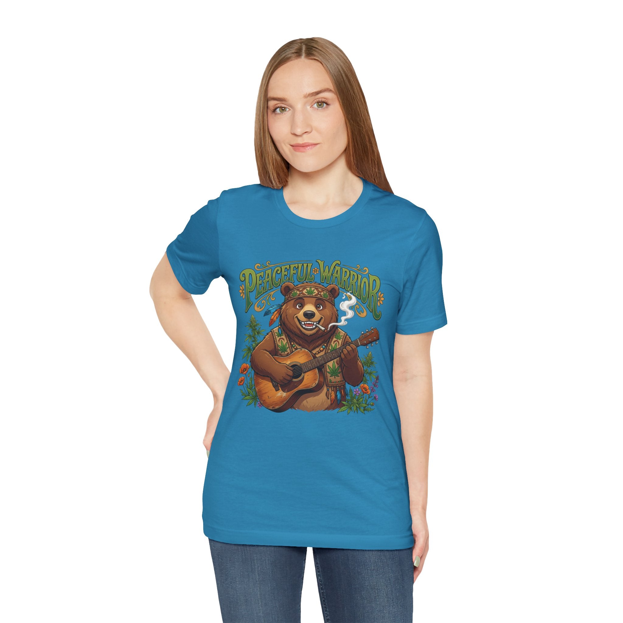 Peaceful Warrior Bear Guitar Tee — Retro Hippie Music Graphic T-Shirt