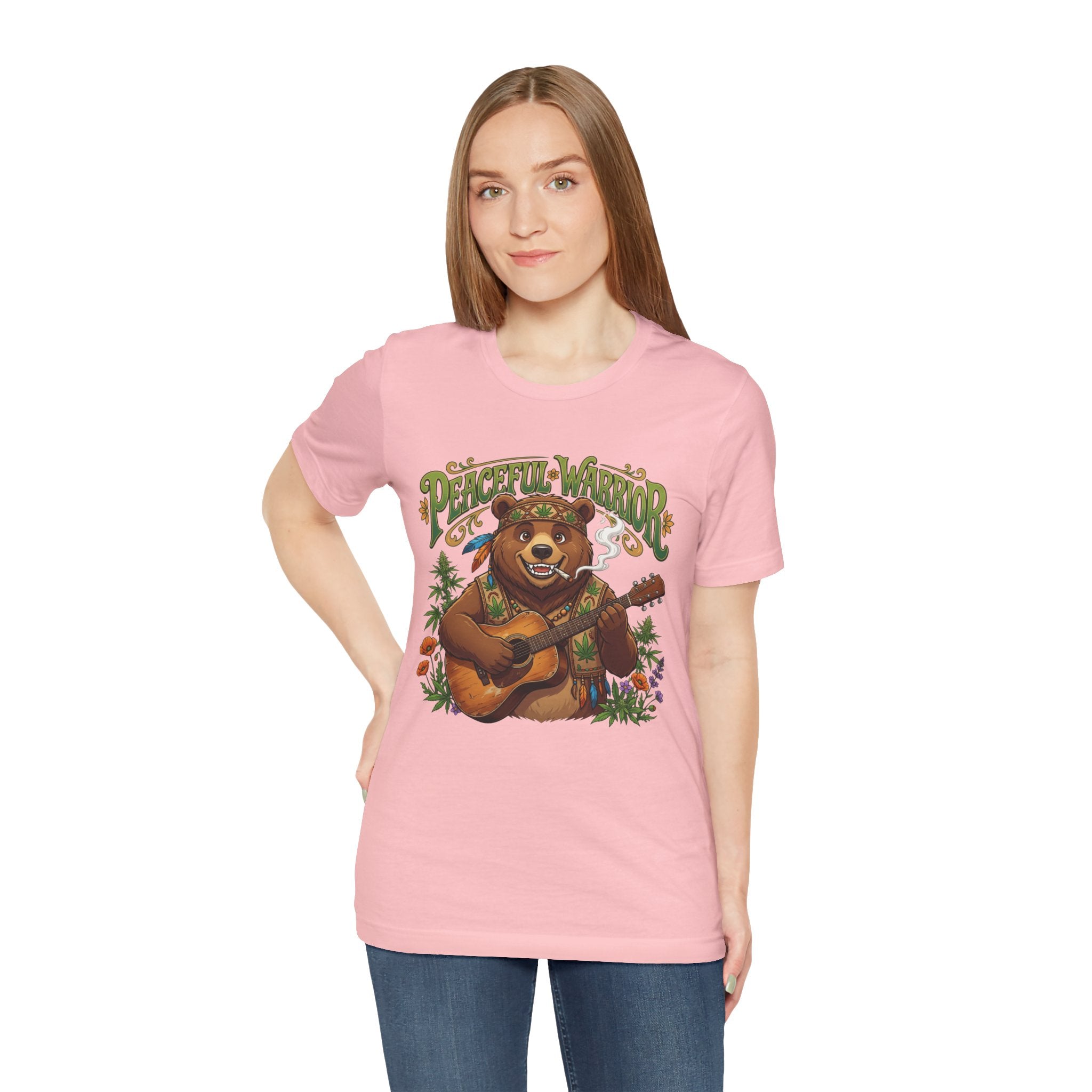 Peaceful Warrior Bear Guitar Tee — Retro Hippie Music Graphic T-Shirt