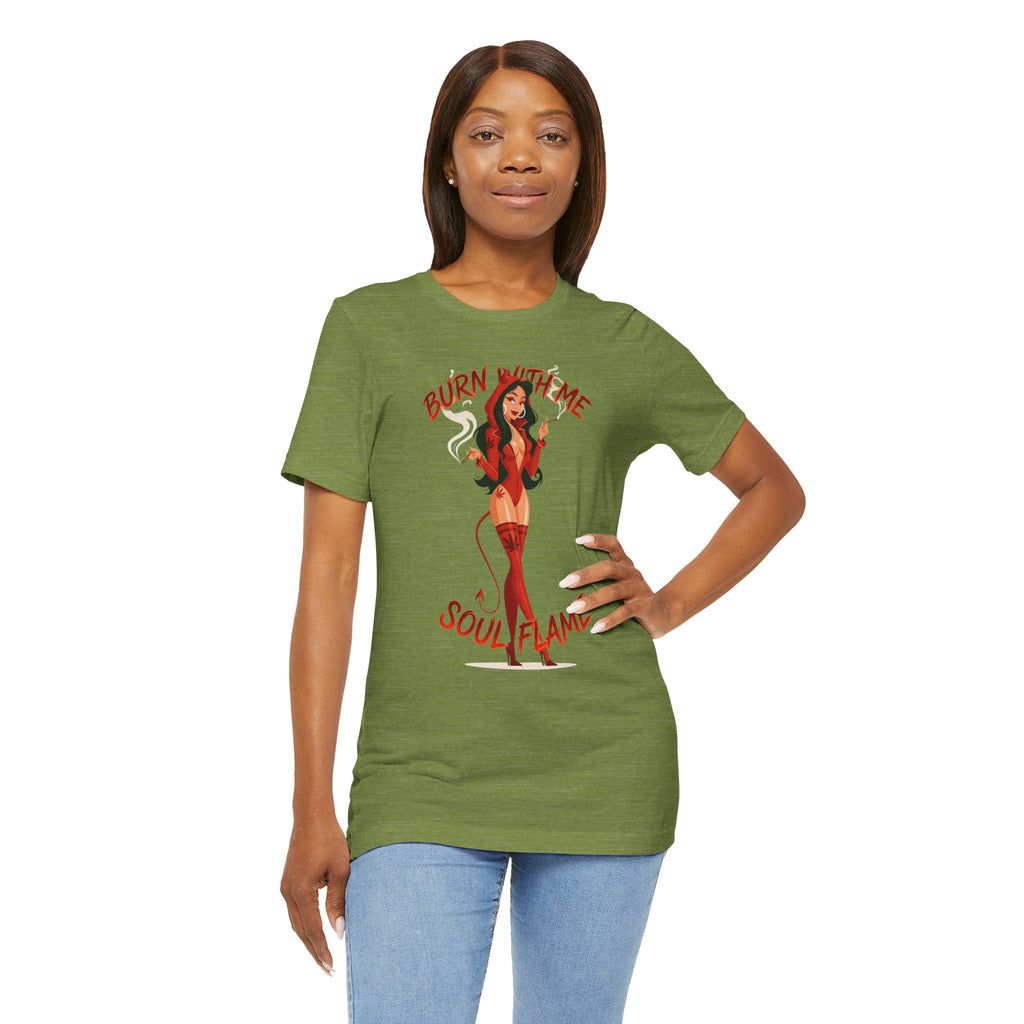 Devil Pinup Tee – "Burn With Me Soul Flame" Graphic T-Shirt
