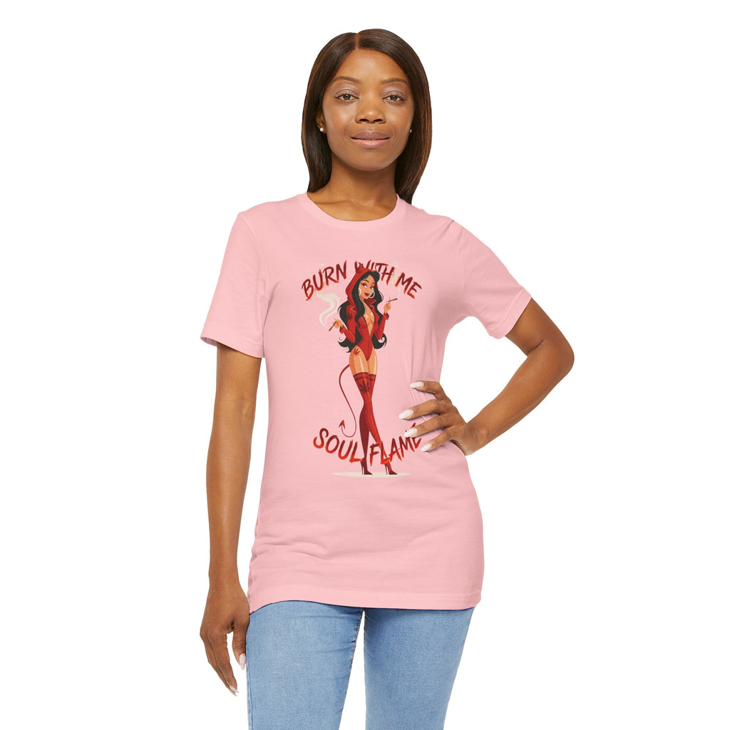 Devil Pinup Tee – "Burn With Me Soul Flame" Graphic T-Shirt