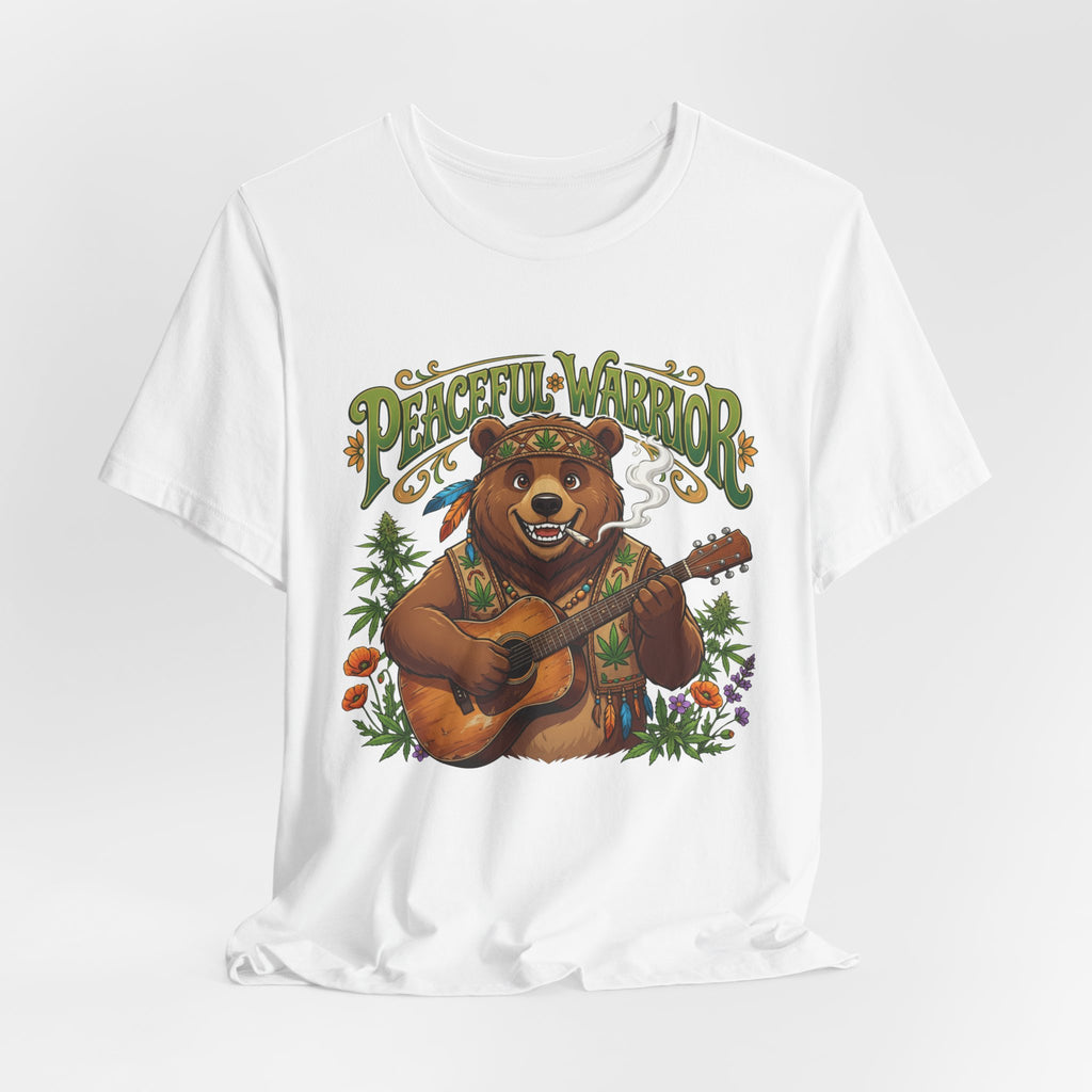 Peaceful Warrior Bear Guitar Tee — Retro Hippie Music Graphic T-Shirt