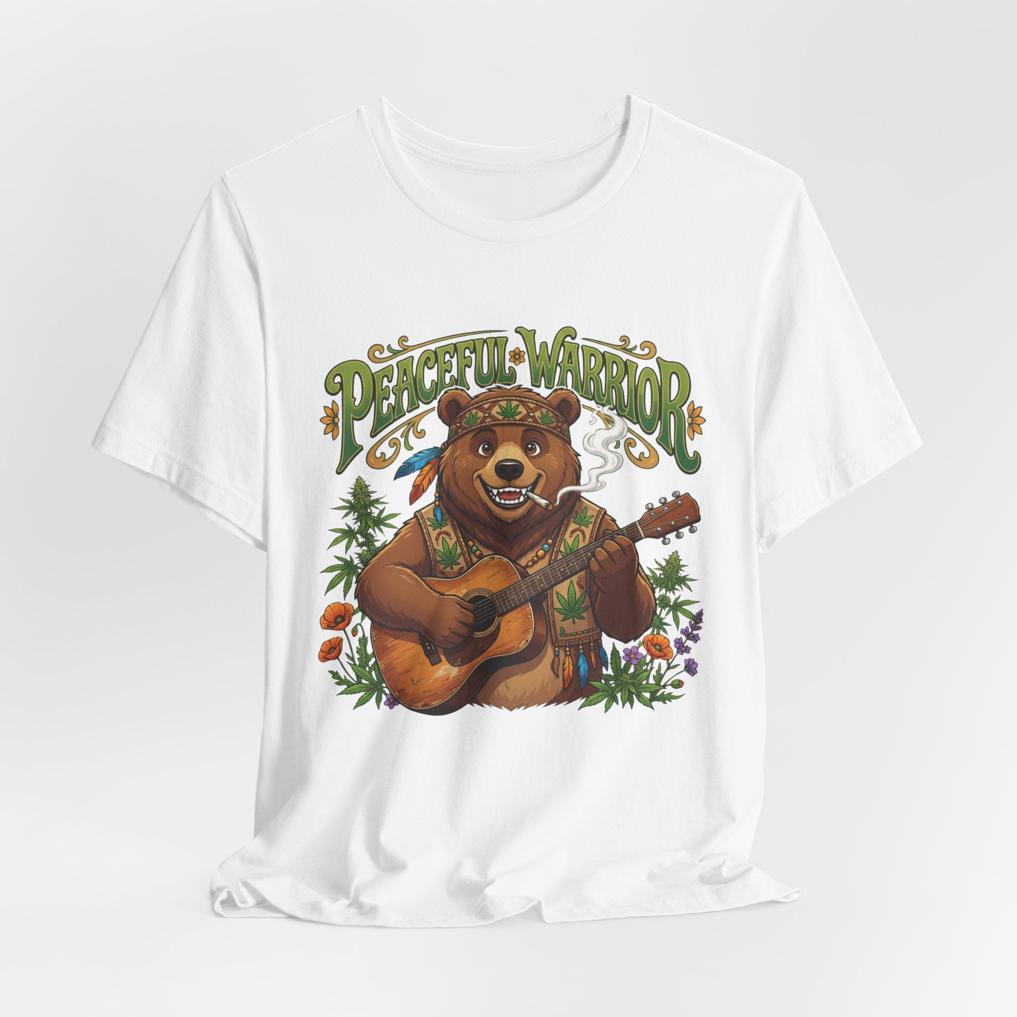 Peaceful Warrior Bear Guitar Tee — Retro Hippie Music Graphic T-Shirt