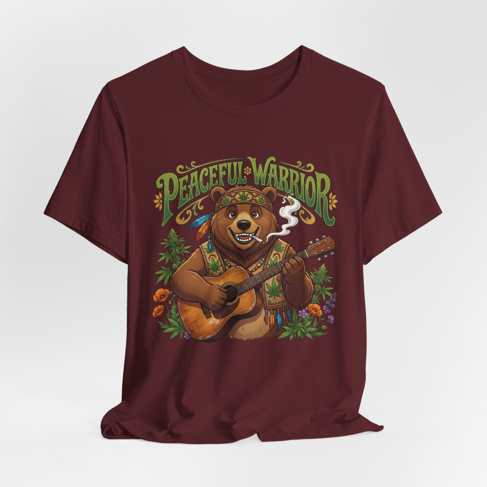 Peaceful Warrior Bear Guitar Tee — Retro Hippie Music Graphic T-Shirt