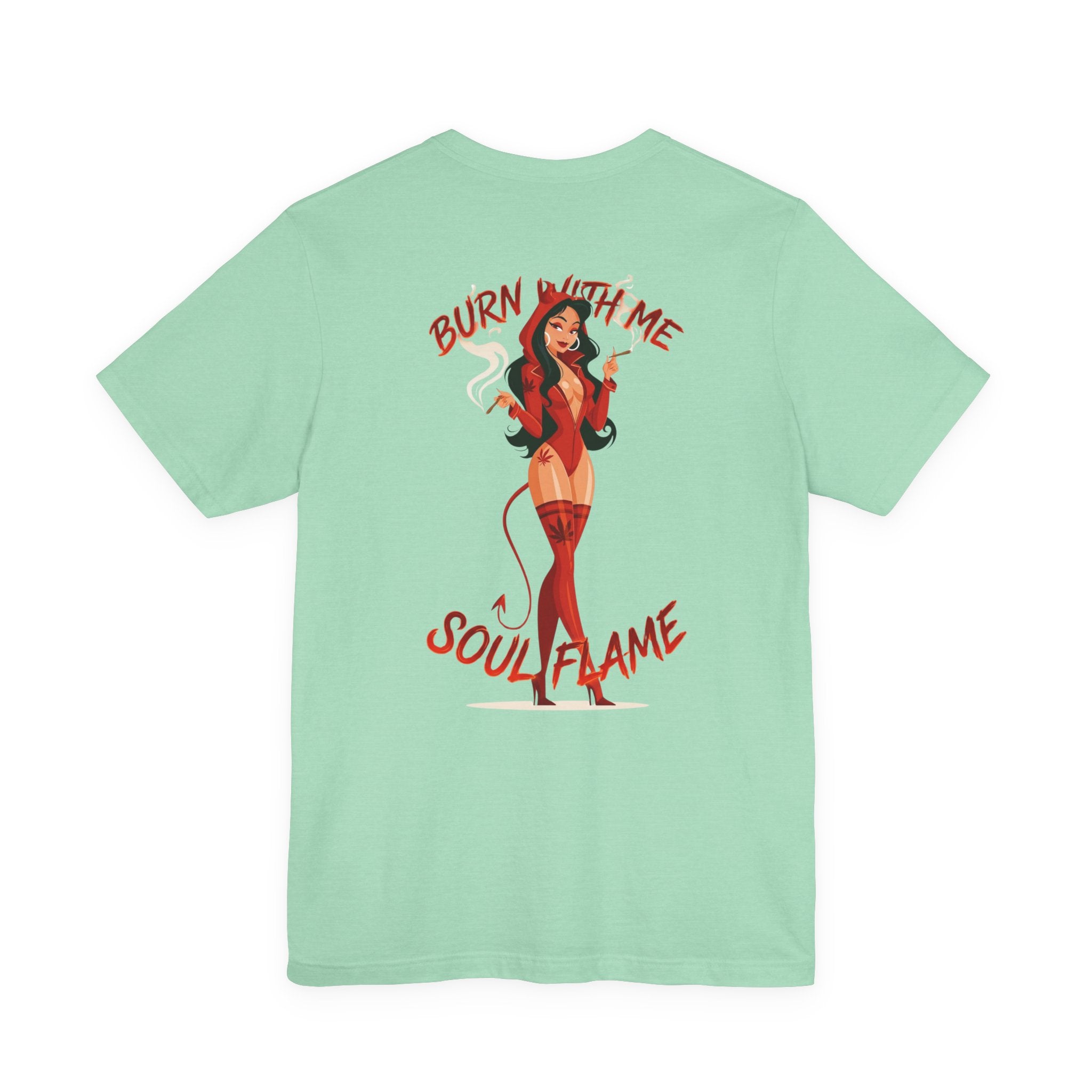 Burn With Me Soul Flame Tee — Retro Pinup Devil Girl Graphic T-Shirt
