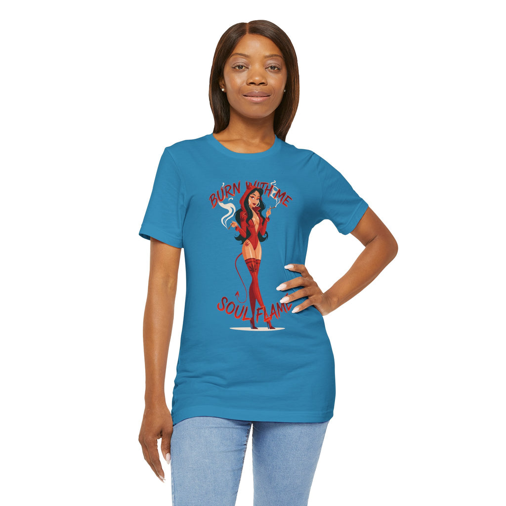 Devil Pinup Tee – "Burn With Me Soul Flame" Graphic T-Shirt