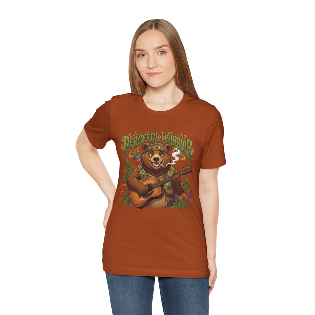 Peaceful Warrior Bear Guitar Tee — Retro Hippie Music Graphic T-Shirt