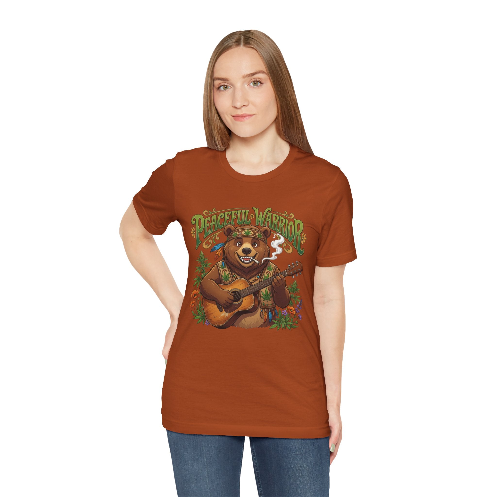 Peaceful Warrior Bear Guitar Tee — Retro Hippie Music Graphic T-Shirt