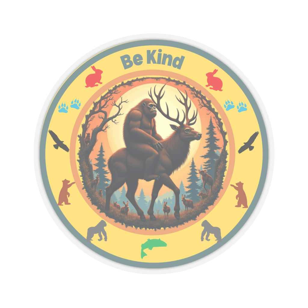 "BE KIND" Sasquatch riding a Deer Sticker