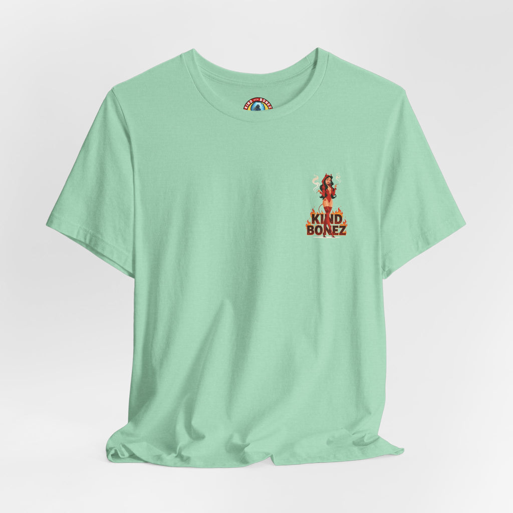 Burn With Me Soul Flame Tee — Retro Pinup Devil Girl Graphic T-Shirt