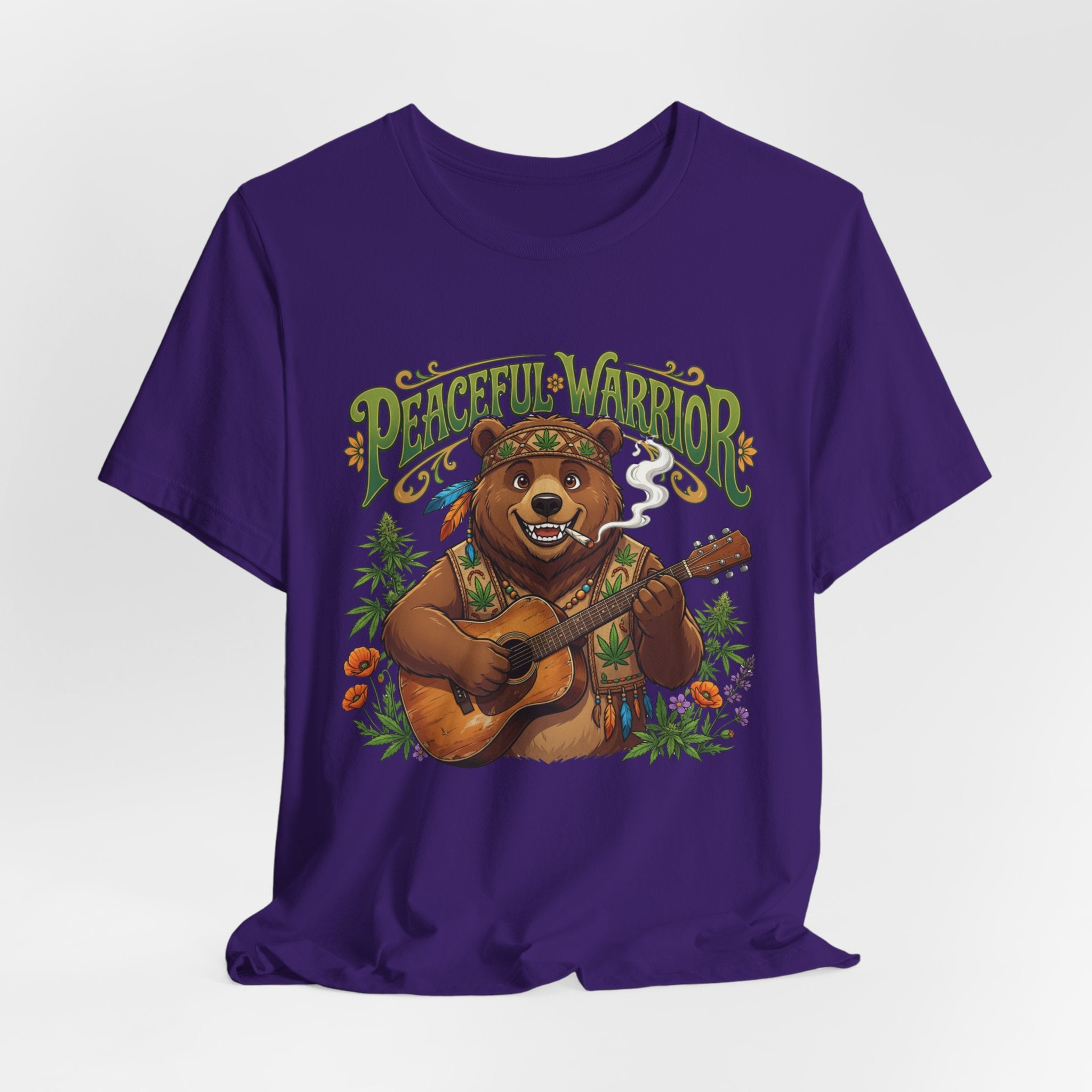 Peaceful Warrior Bear Guitar Tee — Retro Hippie Music Graphic T-Shirt