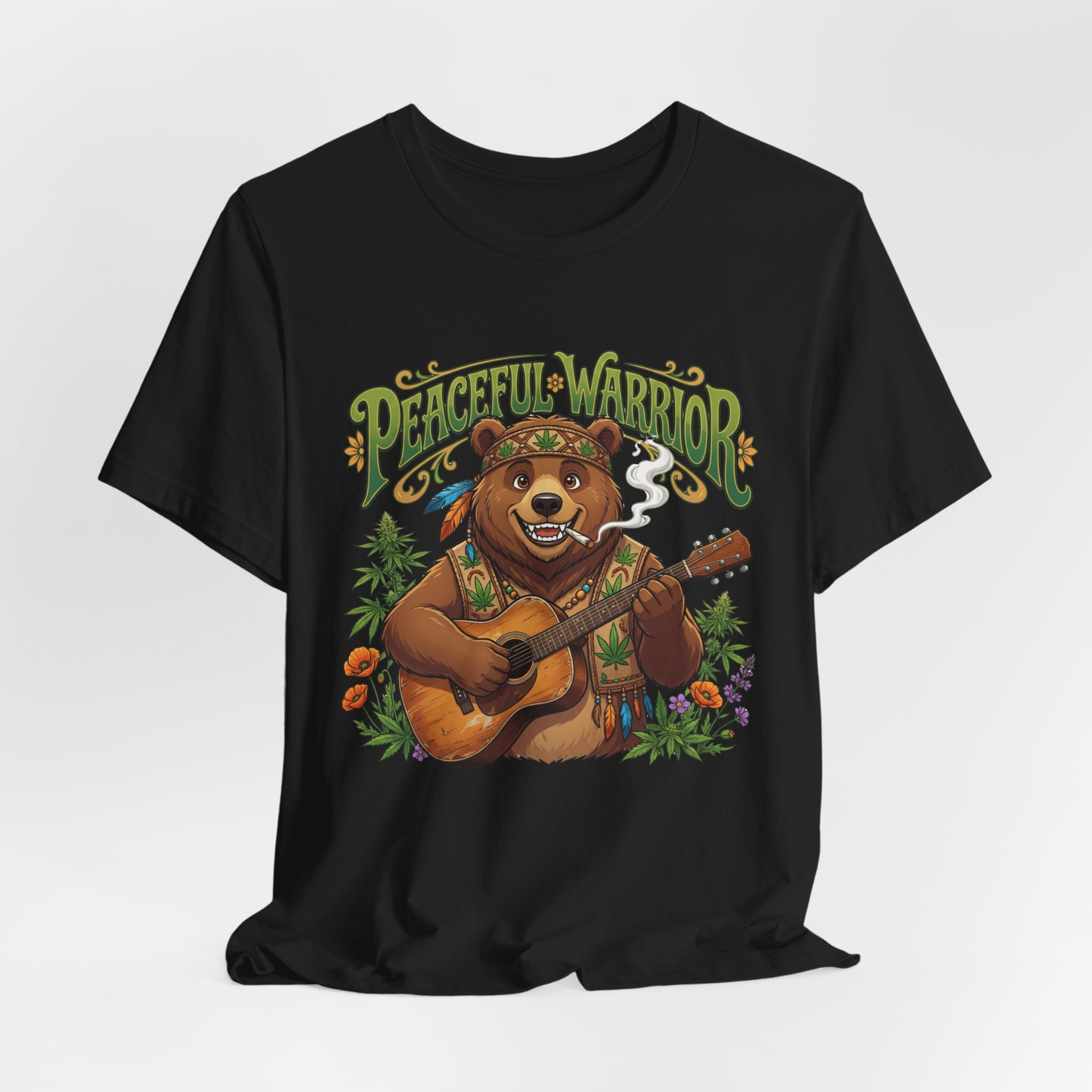 Peaceful Warrior Bear Guitar Tee — Retro Hippie Music Graphic T-Shirt