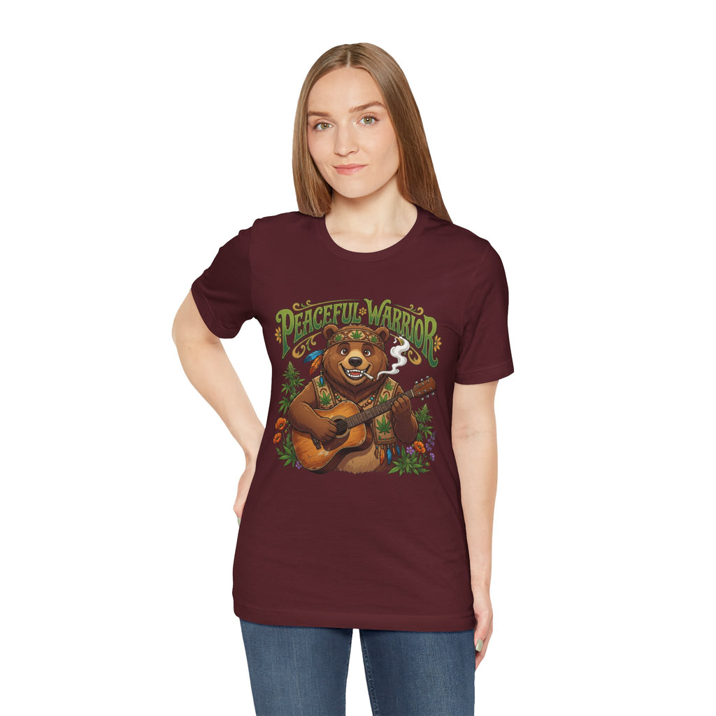 Peaceful Warrior Bear Guitar Tee — Retro Hippie Music Graphic T-Shirt