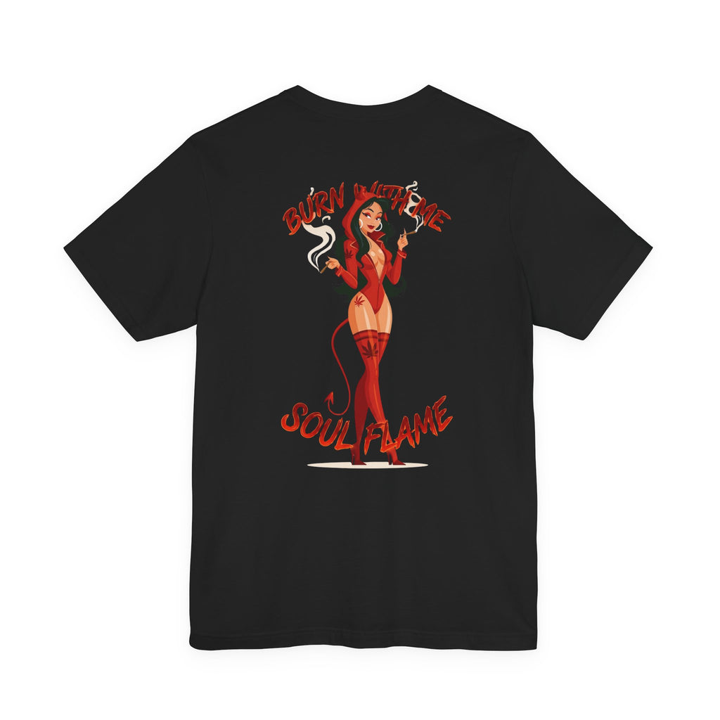 Burn With Me Soul Flame Tee — Retro Pinup Devil Girl Graphic T-Shirt