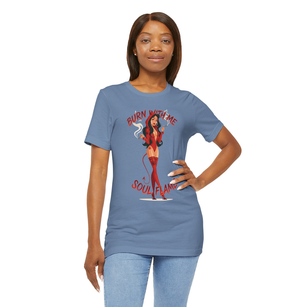 Devil Pinup Tee – "Burn With Me Soul Flame" Graphic T-Shirt