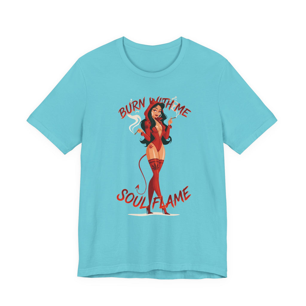 Devil Pinup Tee – "Burn With Me Soul Flame" Graphic T-Shirt