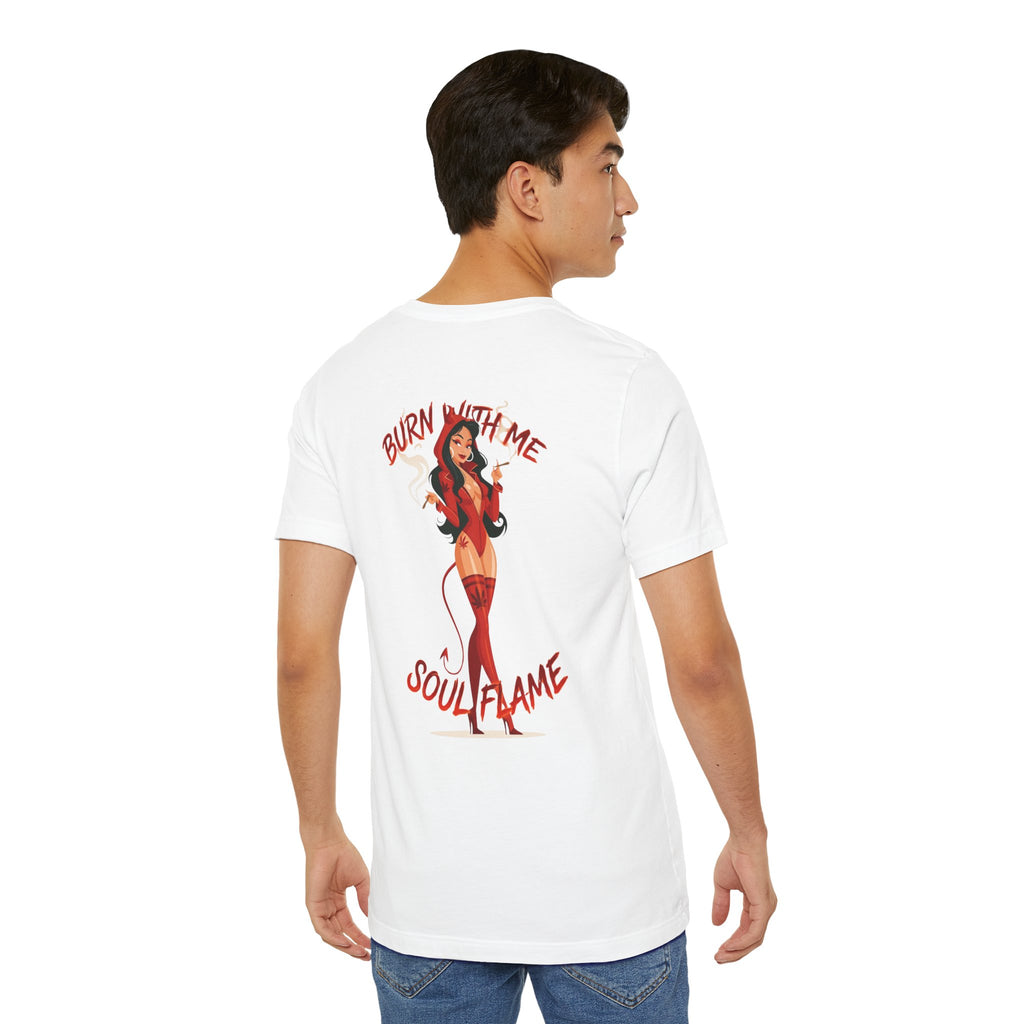 Burn With Me Soul Flame Tee — Retro Pinup Devil Girl Graphic T-Shirt