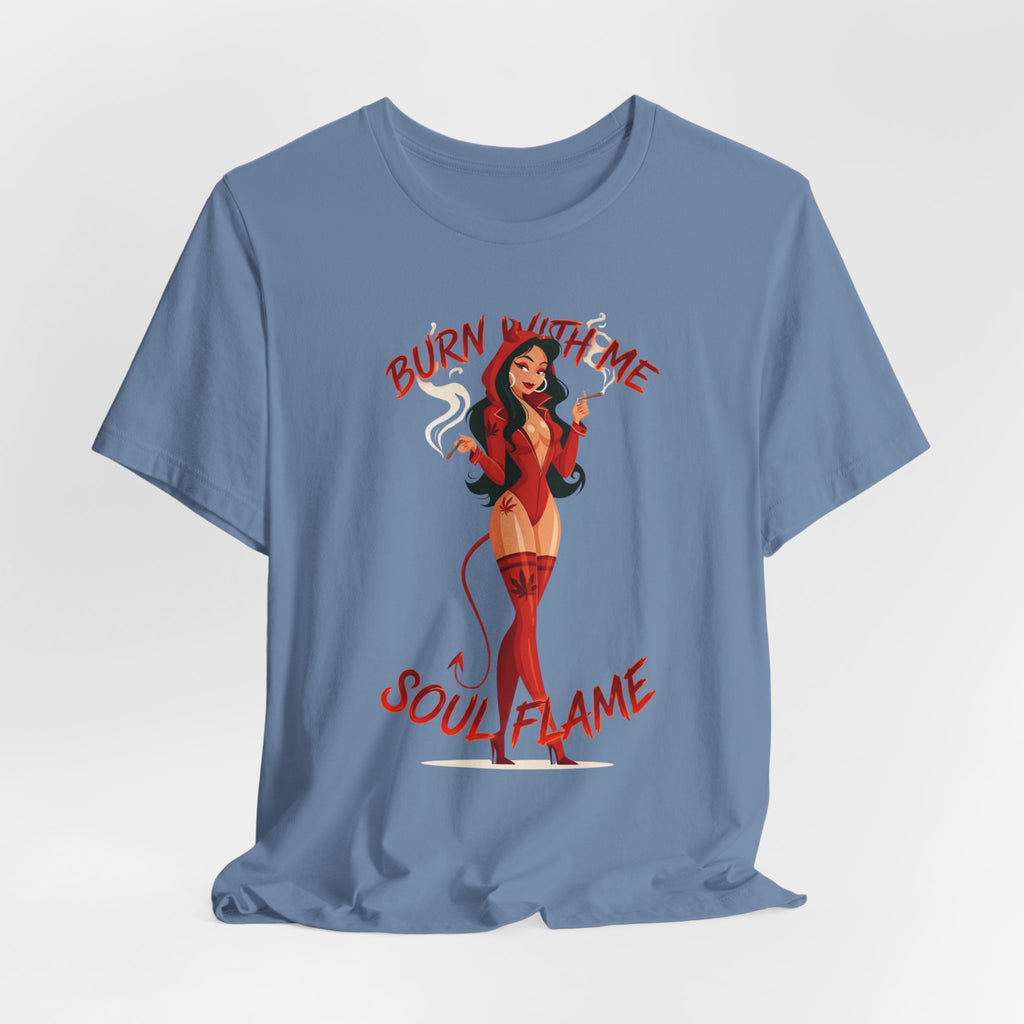 Devil Pinup Tee – "Burn With Me Soul Flame" Graphic T-Shirt