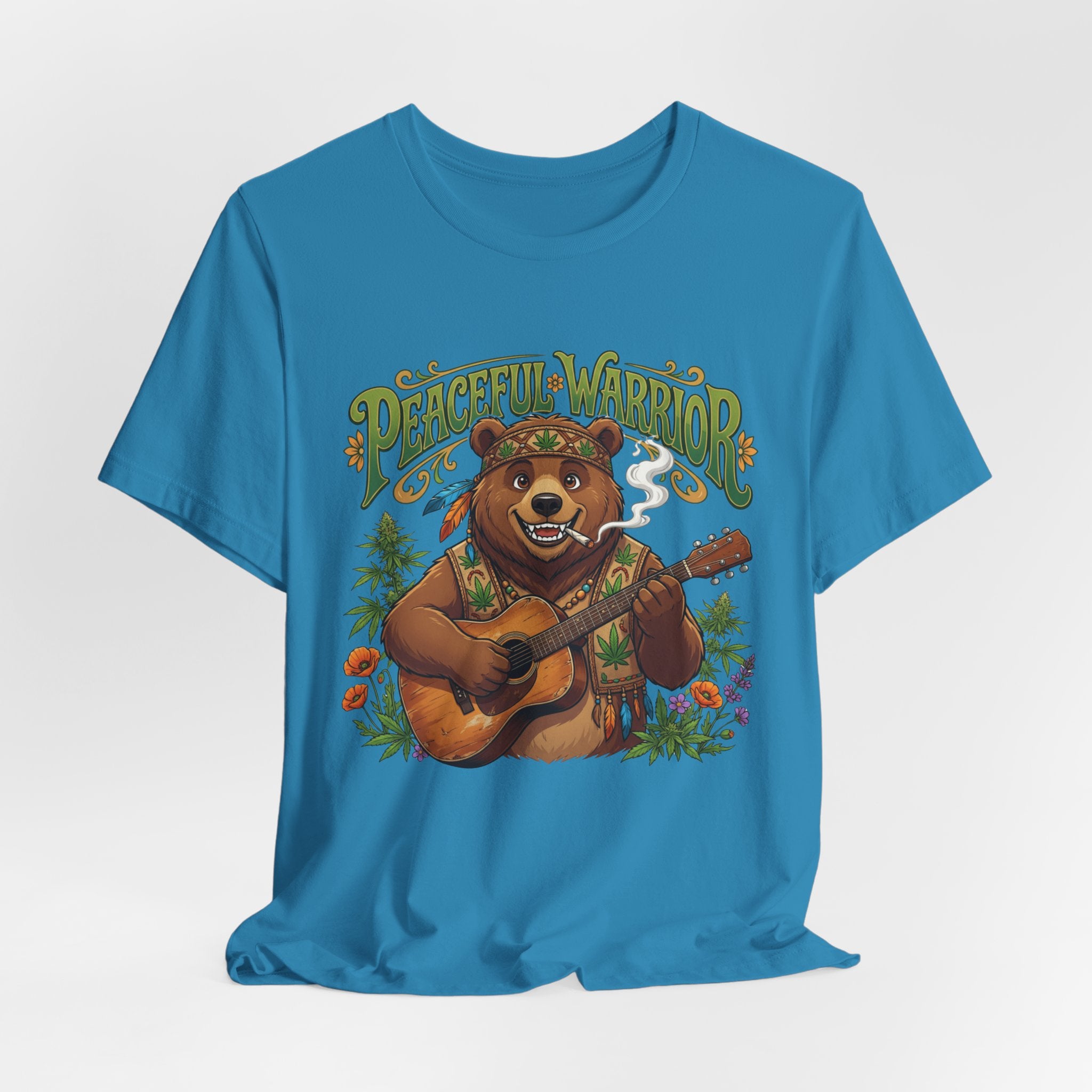 Peaceful Warrior Bear Guitar Tee — Retro Hippie Music Graphic T-Shirt