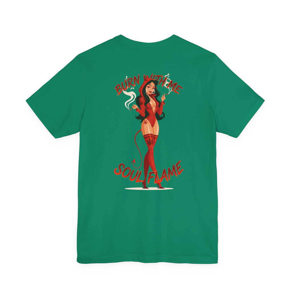 Burn With Me Soul Flame Tee — Retro Pinup Devil Girl Graphic T-Shirt