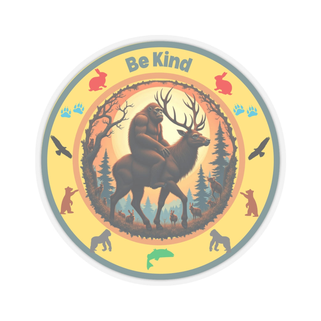 "BE KIND" Sasquatch riding a Deer Sticker