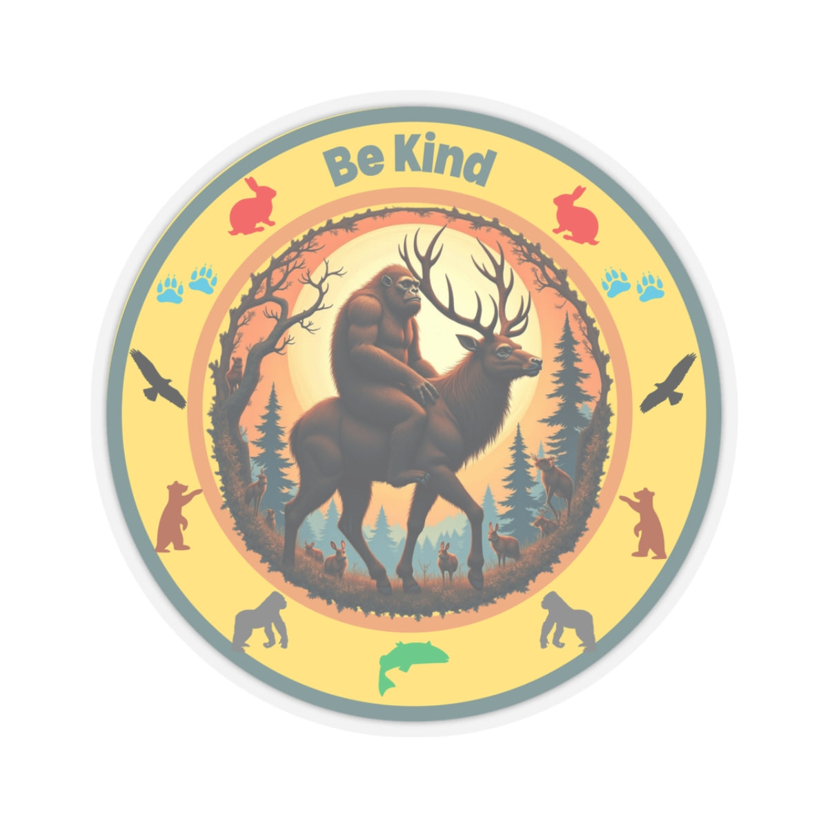 "BE KIND" Sasquatch riding a Deer Sticker