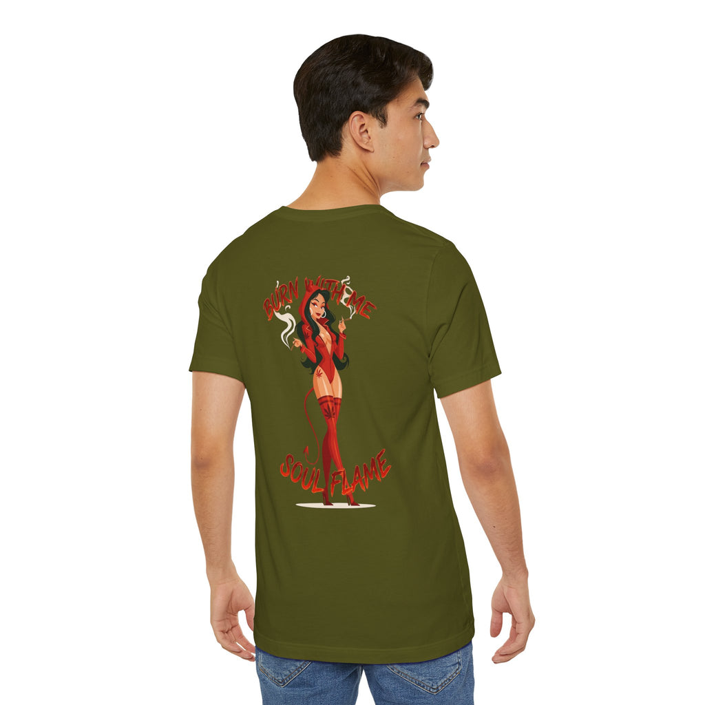 Burn With Me Soul Flame Tee — Retro Pinup Devil Girl Graphic T-Shirt