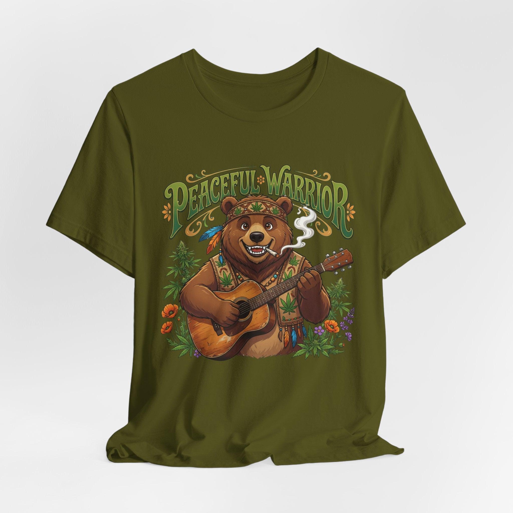 Peaceful Warrior Bear Guitar Tee — Retro Hippie Music Graphic T-Shirt