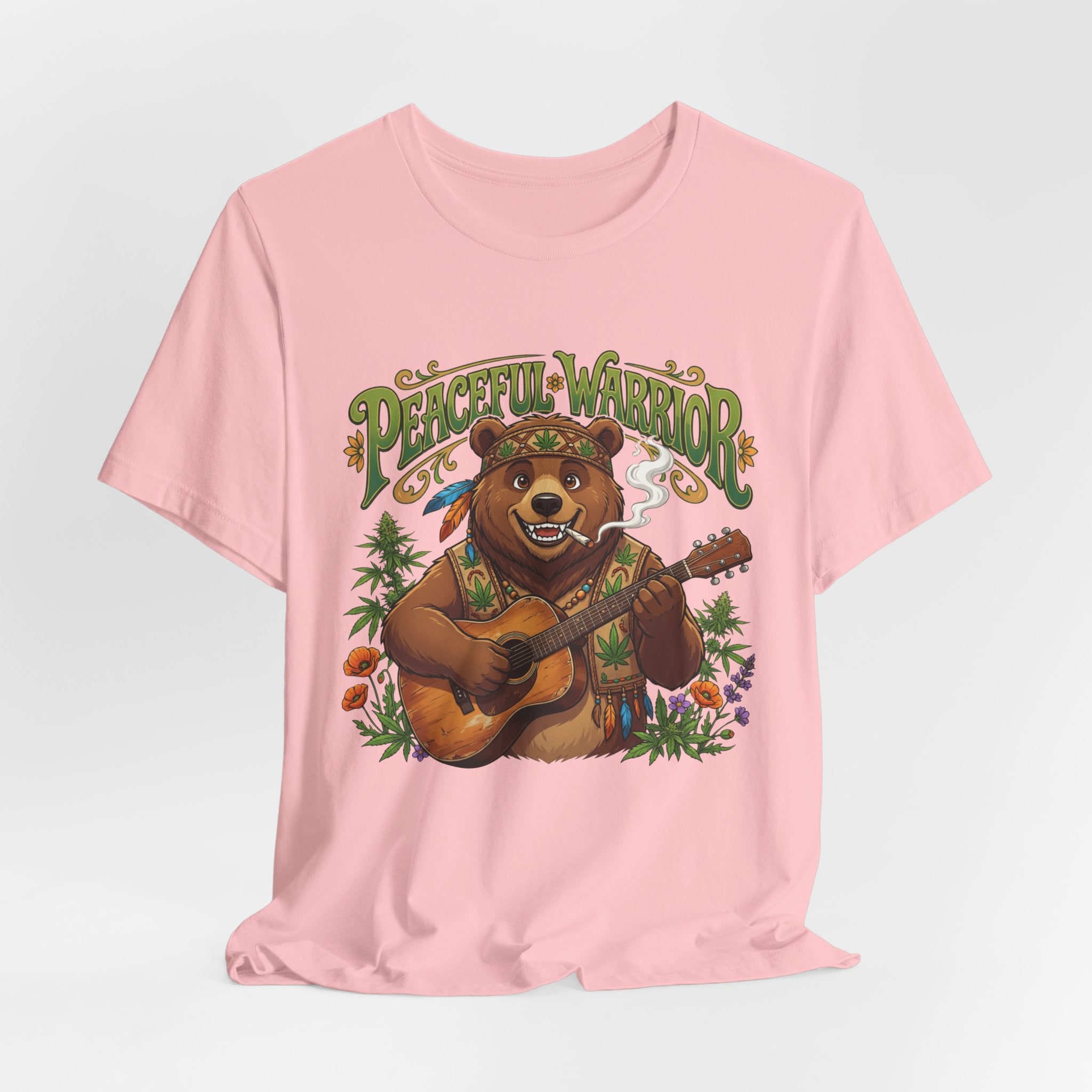 Peaceful Warrior Bear Guitar Tee — Retro Hippie Music Graphic T-Shirt