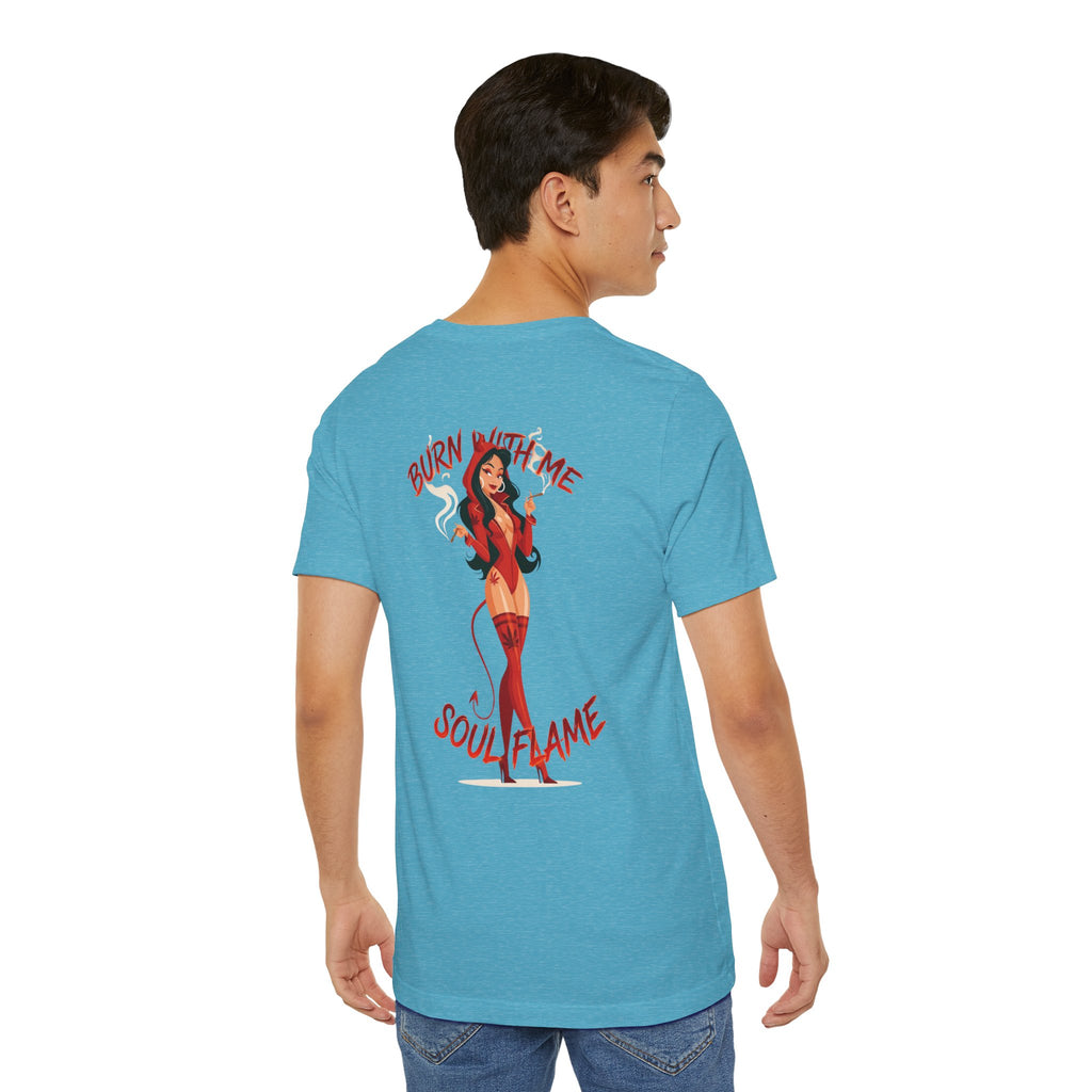 Burn With Me Soul Flame Tee — Retro Pinup Devil Girl Graphic T-Shirt