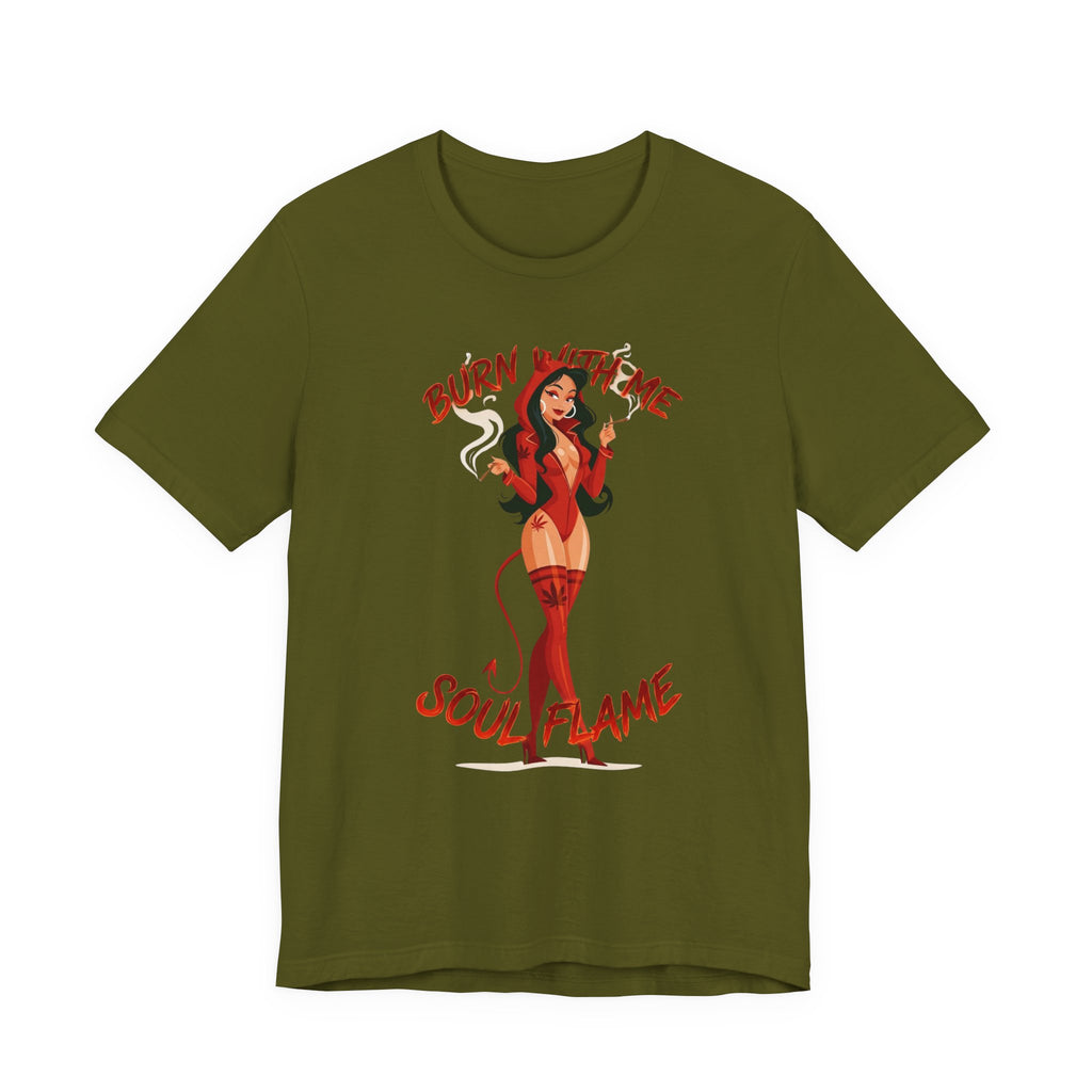 Devil Pinup Tee – "Burn With Me Soul Flame" Graphic T-Shirt
