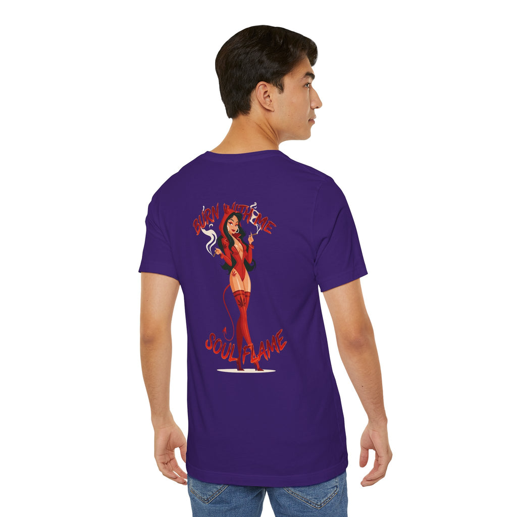 Burn With Me Soul Flame Tee — Retro Pinup Devil Girl Graphic T-Shirt