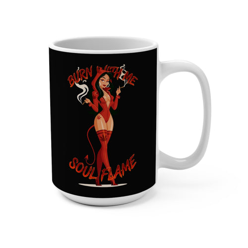 Devil Pinup Mug — "Burn With Me, Soul Flame" 15oz Coffee Cup