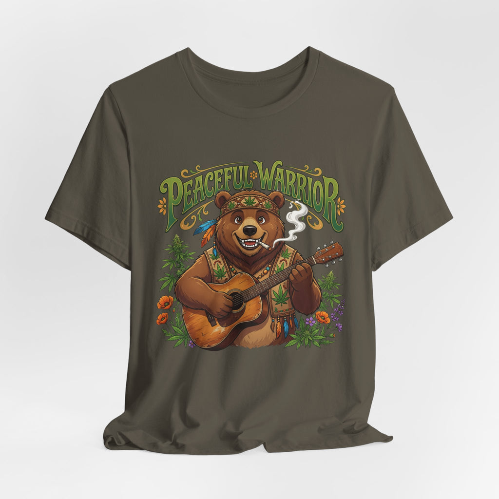 Peaceful Warrior Bear Guitar Tee — Retro Hippie Music Graphic T-Shirt