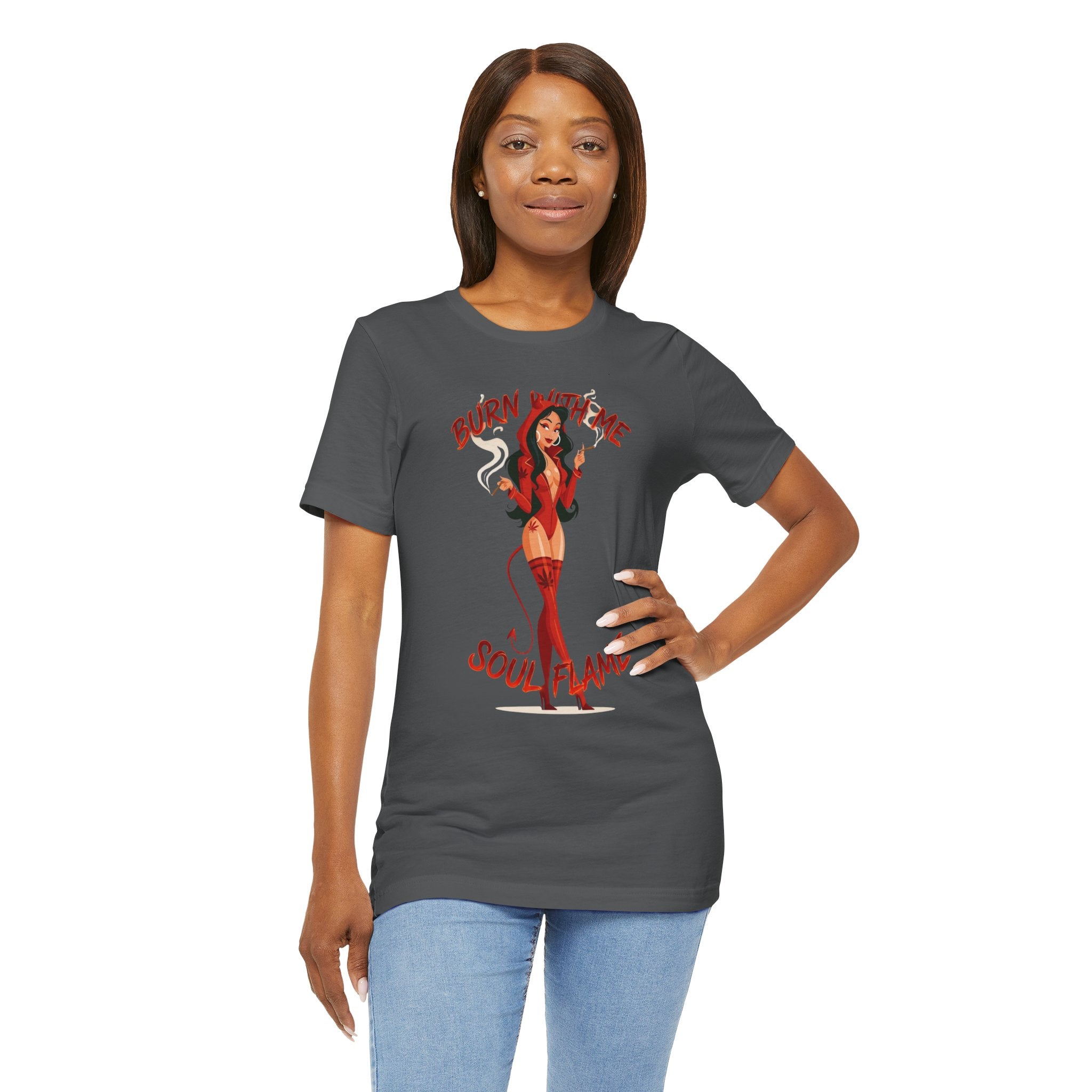 Devil Pinup Tee – "Burn With Me Soul Flame" Graphic T-Shirt